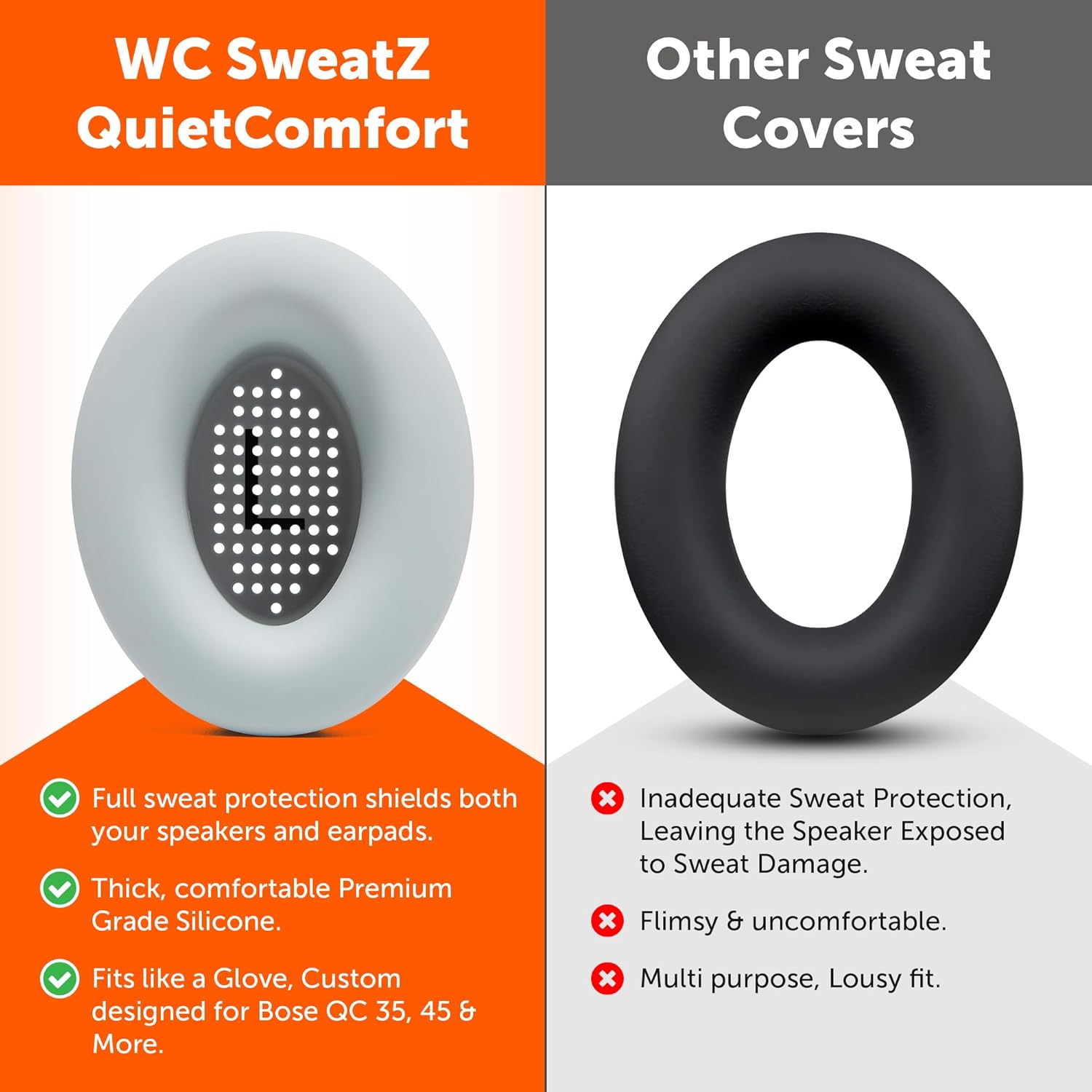 WC SweatZ QuietComfort - Patented Earpad Covers for Bose QuietComfort 45, 35, 35ii, QC2, QC25, QC15, AE2, AE2i, SoundTrue, SoundLink by Wicked Cushions | Sweatproof & Easily Washable | Silver - Image 3