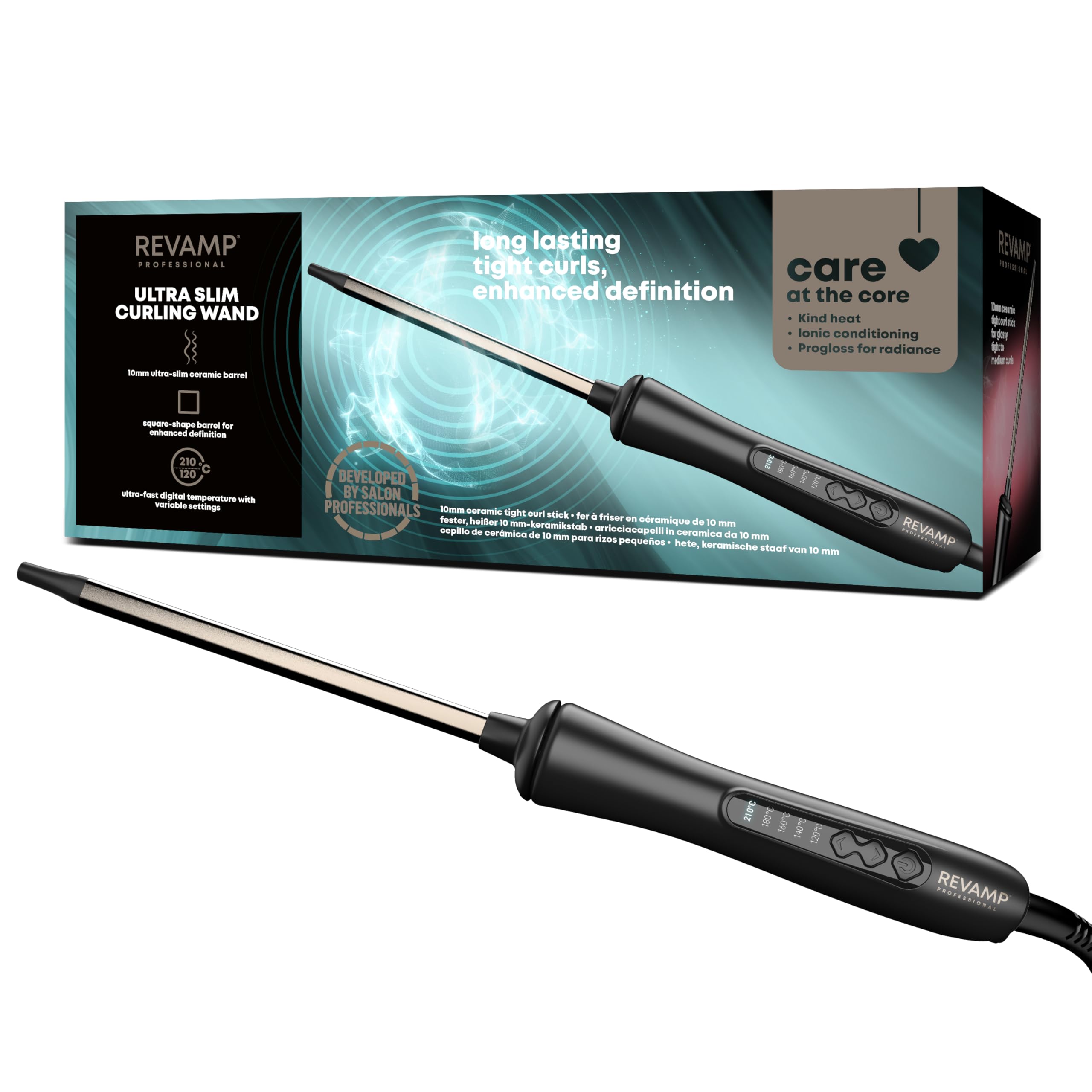 REVAMP Tight Curl Stick - Fer à Friser pour Boucles Serrées, Fer à Friser en Céramique Infusé d’Huile Progloss, Température Réglable, Pince Fine pour Bouclage Précis