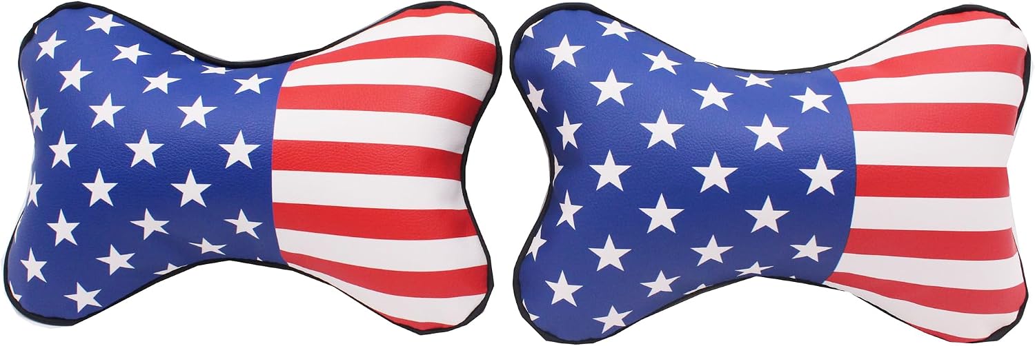 2 Pcs Set US Flag - PU Leather Universal Car Head Neck Pillow for Better Neck Support Driving Comfort Pain Relief Travel headrest Pillows