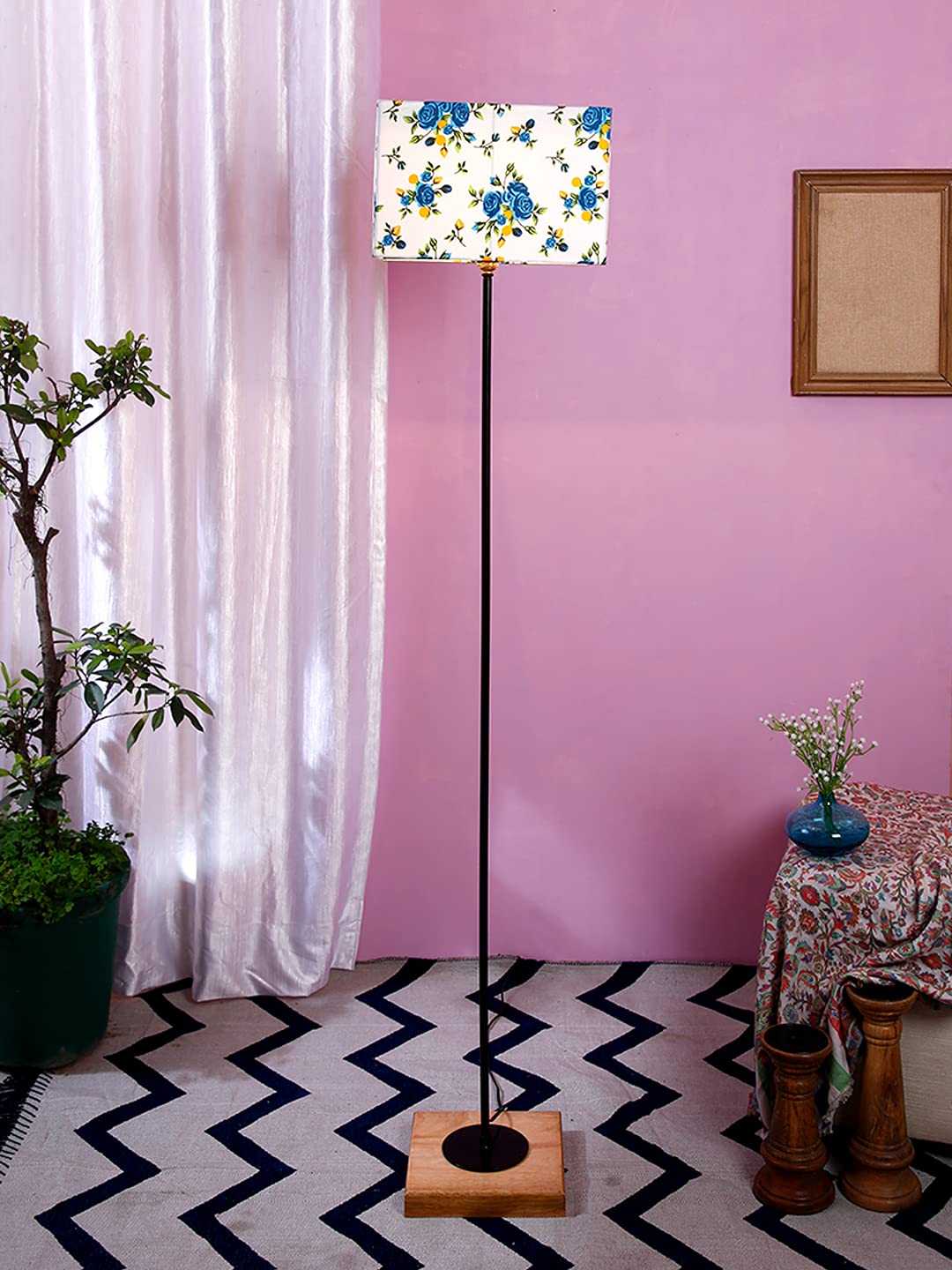 Devansh Multicolor Square Cotton Shade Stick Floor Lamp with Wood Square Base