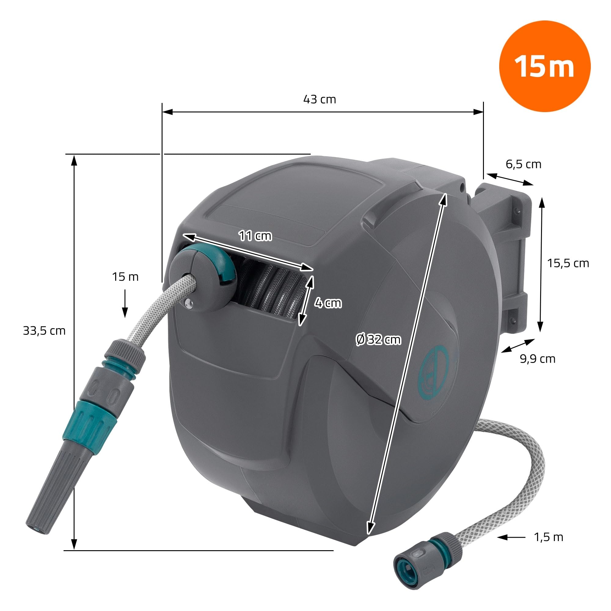 ECD Germany Carrete de Manguera 15m + 1,5m Extensible de PVC Enrollador Automático Portamanguera con Bloqueo y 9 Funciones de Pulverización, Tambor de Pared Giratorio 180° para Jardín Exterior