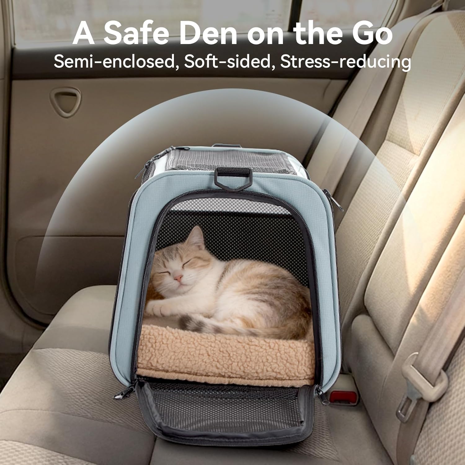 PETSFIT Soft-Sided Cat Carrier with Patented Safety Buckles, Lockable Zippers & Safety Tether,Escape-Resistant Travel Pet Carrier for Car Rides & Vet Visits, Airline Approved Under-Seat, Up to 12 lbs