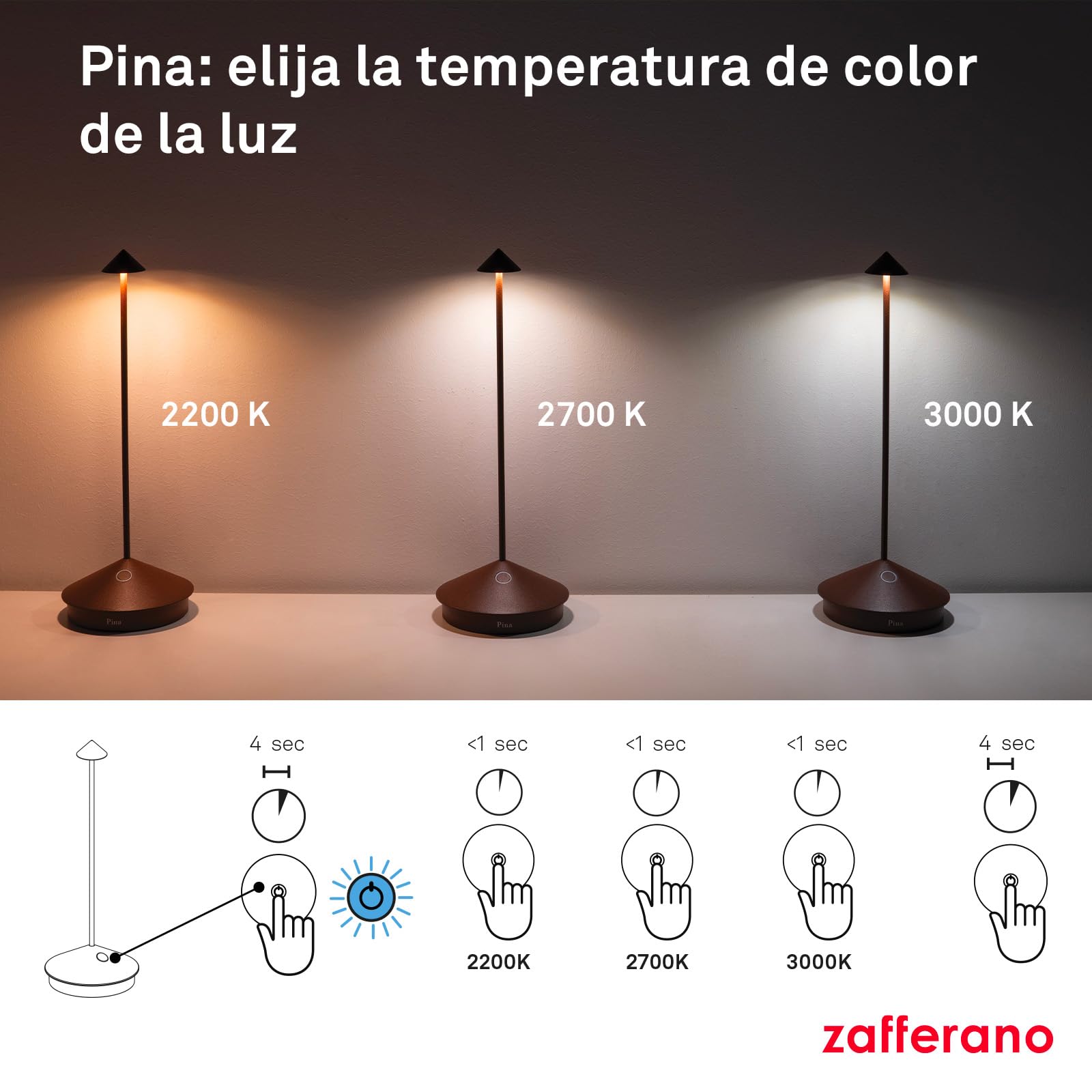 Zafferano, Pina, Lámpara de Mesa Recargable e Inalámbrica con Control Táctil, Adecuada como Lámpara de Exterior, Atenuador, 2200-3000 K, Altura 29 cm, Color Arena