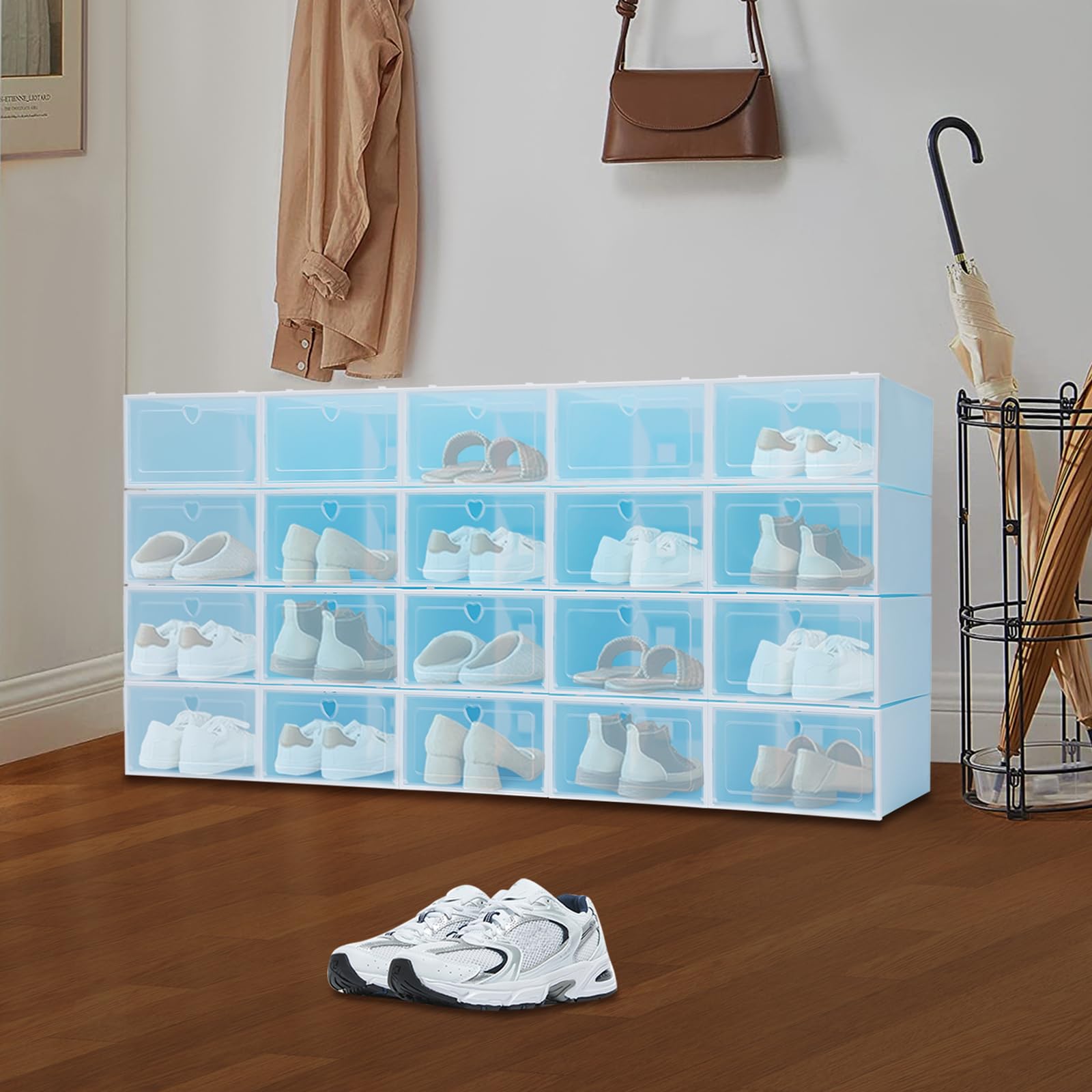 20 scatole per scarpe, trasparenti, 33 x 23 x 14 cm, impilabili, adatte per riporre scarpe, attrezzi, riviste, giocattoli, ecc. (blu)