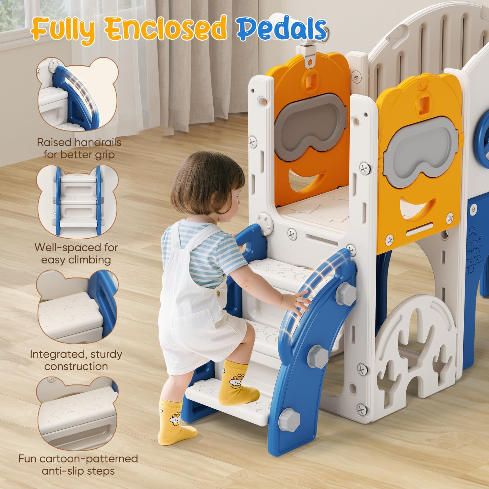 Slide per bambini ispessiti e allargati, scivolo per bambini piccoli indipendente con canestro da basket, attrezzatura per parco giochi con scivolo, per uso in/esterno (Blue arancione 7 in 1)