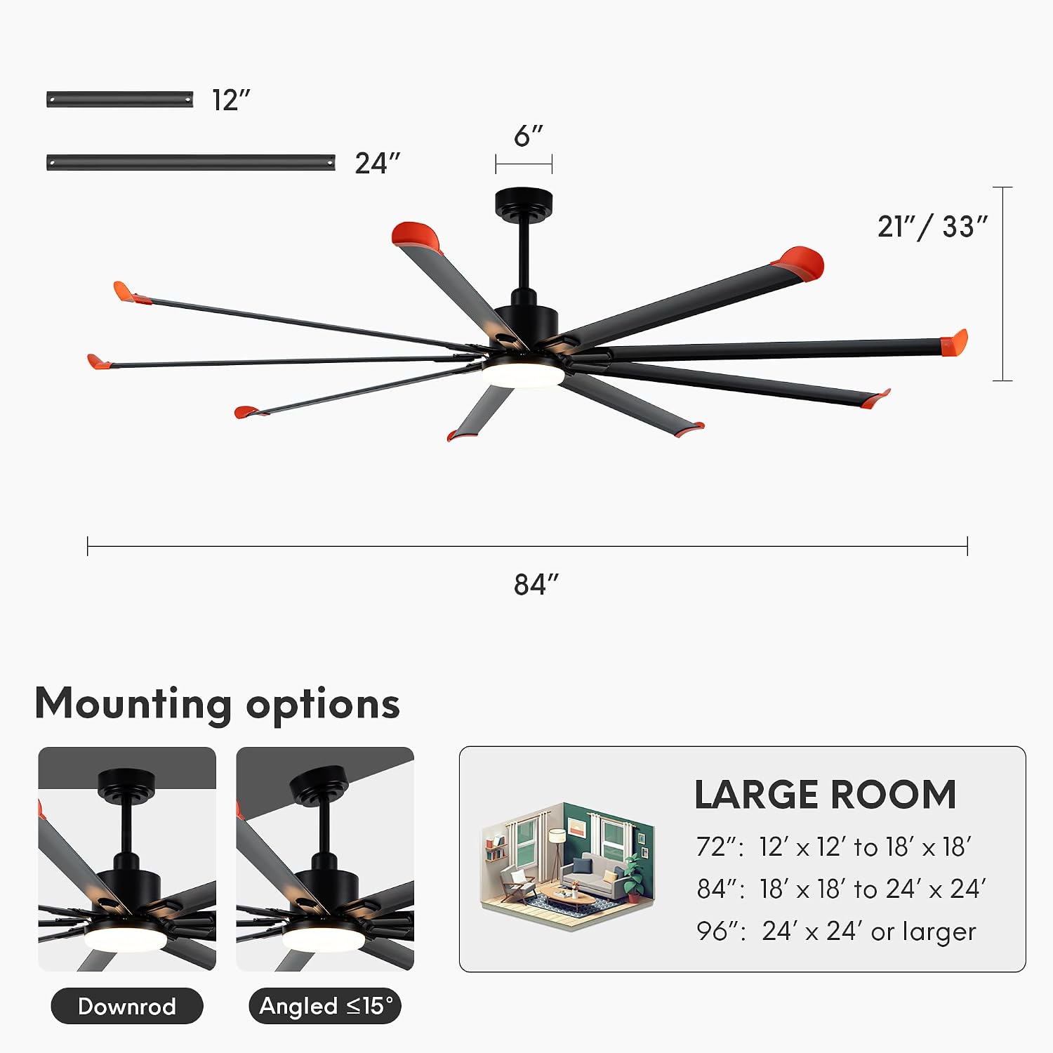 84 Inch Modern Ceiling Fan with Lights and Remote Control, Large Black Ceiling Fans for Patios, Living Room, Bedroom, Kitchen (Black Finish & Black Blades)