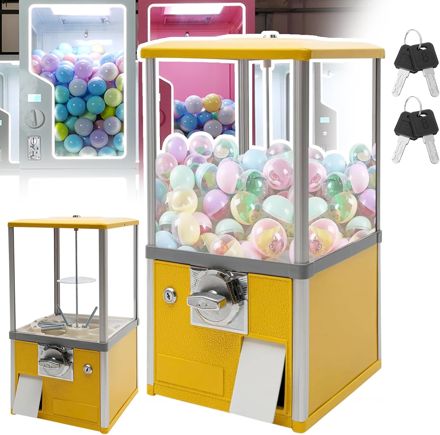 Candy Vending Machine,with Locks& Two Keys,Hold 100-200 Capsule Balls,Mini Chewing Gum Machine,for Home,Game Stores&Retail Stores,Aluminum Alloy Material,Yellow