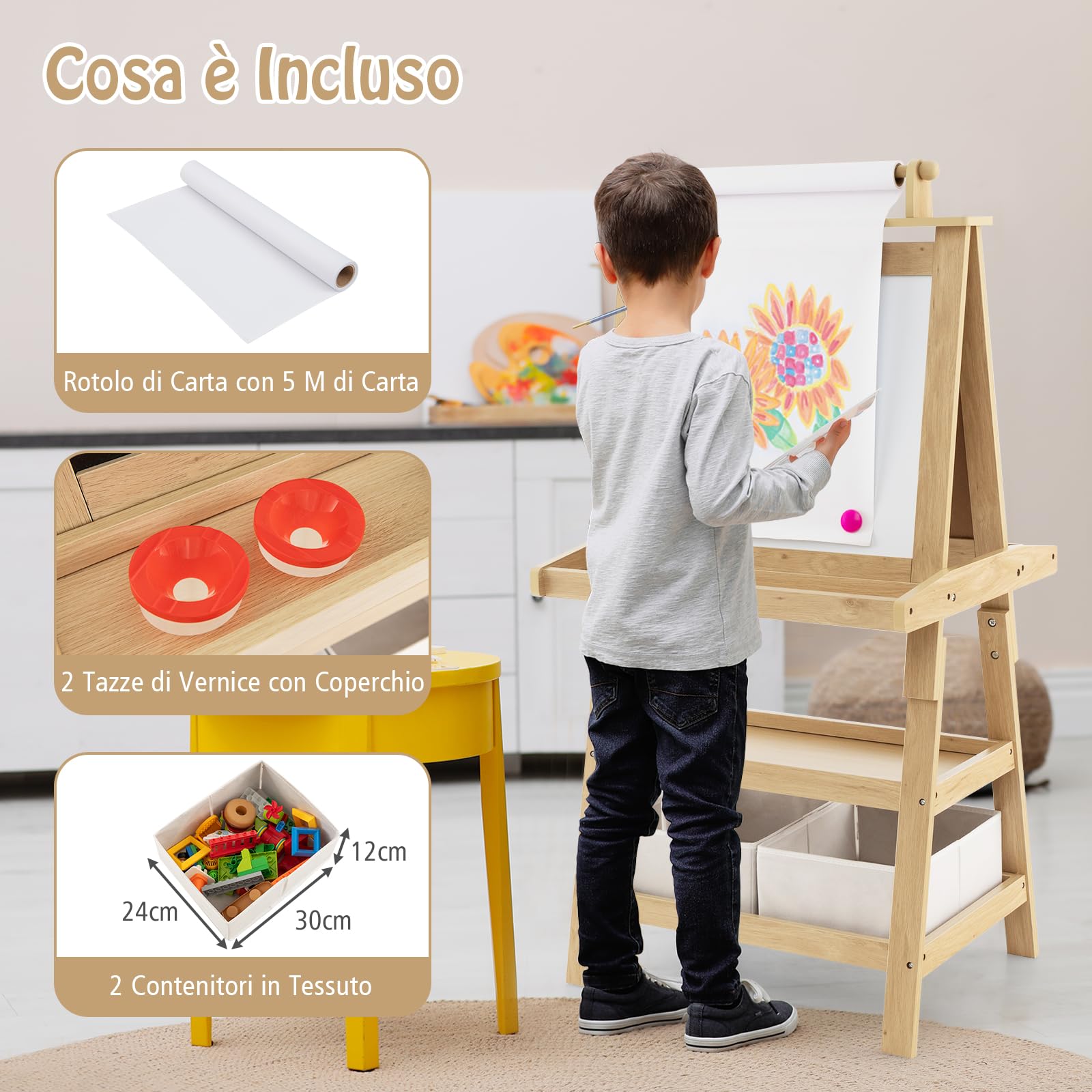 GYMAX Cavalletto per Bambini 3 in 1, Lavagna Magnetica con Doppia Faccia,2 Vassoi e 2 Scatole, Cavalletto per Dipingere, Inclusi Carta per Dipingere e Magneti, 59 x 50 x 117 cm (Naturale)