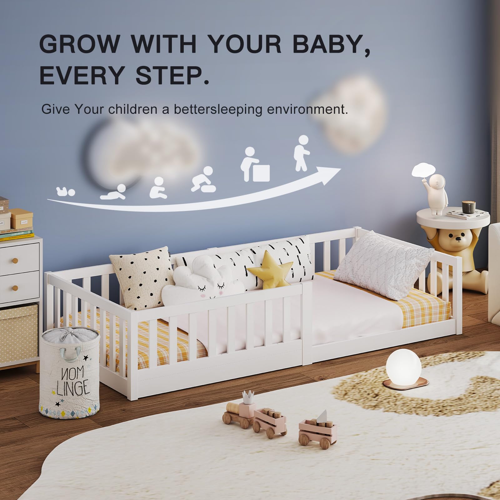 labebe Kinder-Bodenbett 90 x 200, weißes Massivholz-Montessori-Bett mit Sicherheitsgeländer und Lattenrost (Matratze Nicht im Lieferumfang enthalten) Geeignet für Kinder und Babys