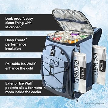 Titan Deep Freeze Ice Wall Backpack Cooler 30 Can Cooler Bag with Ice Packs
