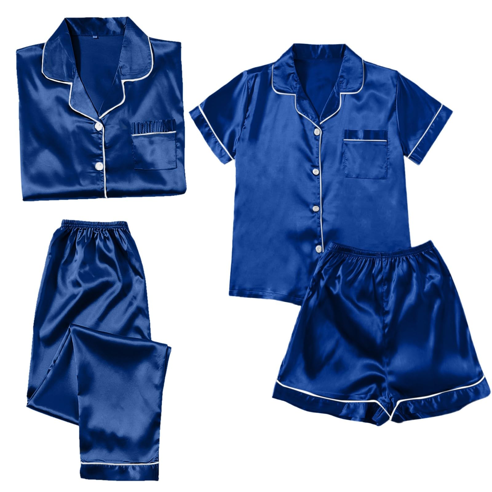 Conjunto de pijamas para mujer, 4 piezas, pijamas de talla grande para mujer, pijamas casuales para mujer, pantalones cortos de encaje para mujer, ropa de casa pijamas con carlino (azul