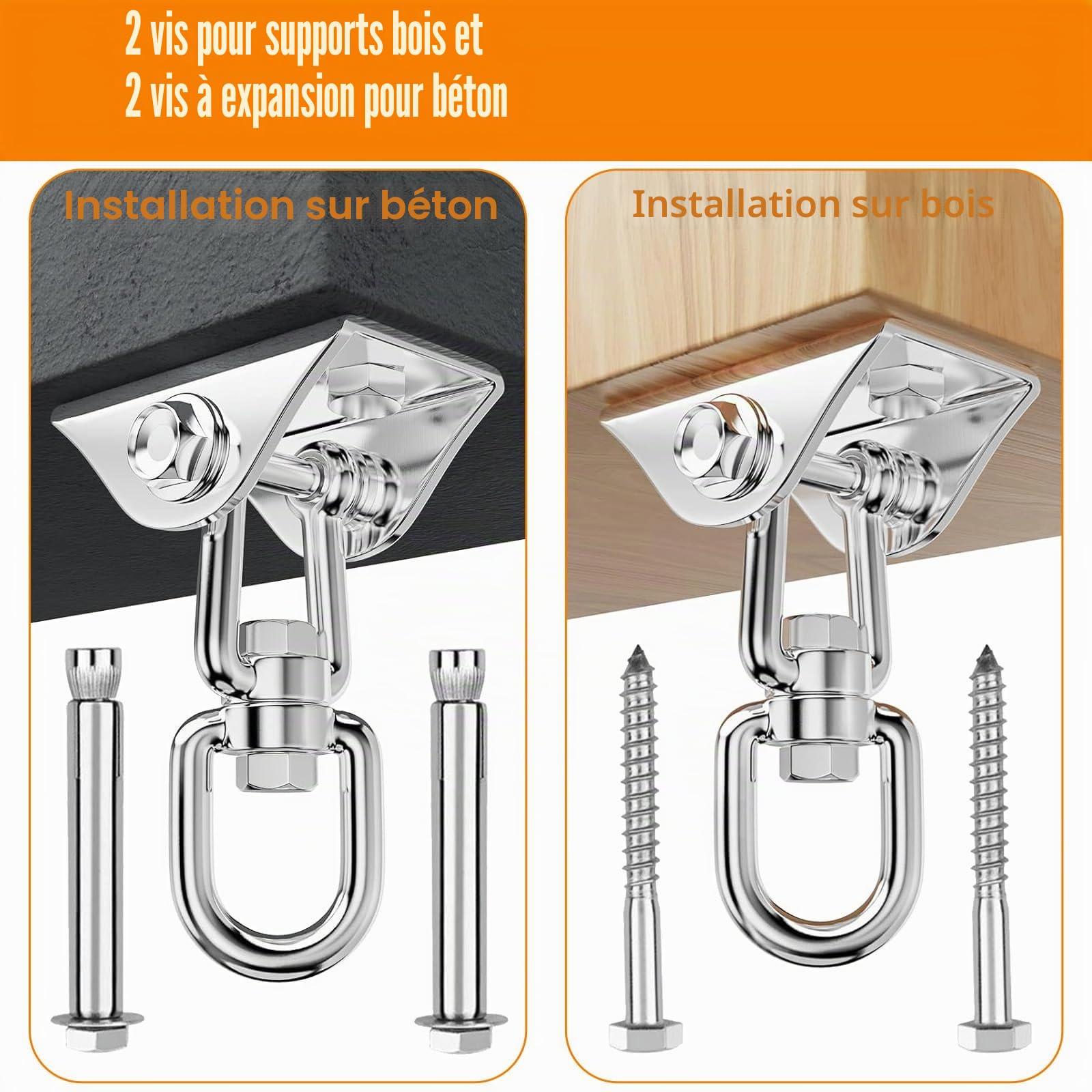 2 Pièces 360° Rotation Crochet Plafond Charge Lourde, Support Sac Frappe avec Vis Fixation, Crochet Suspension Acier Inoxydable pour Chaise Suspendue, Balançoire, Serviette Yoga (450kg Capacité)