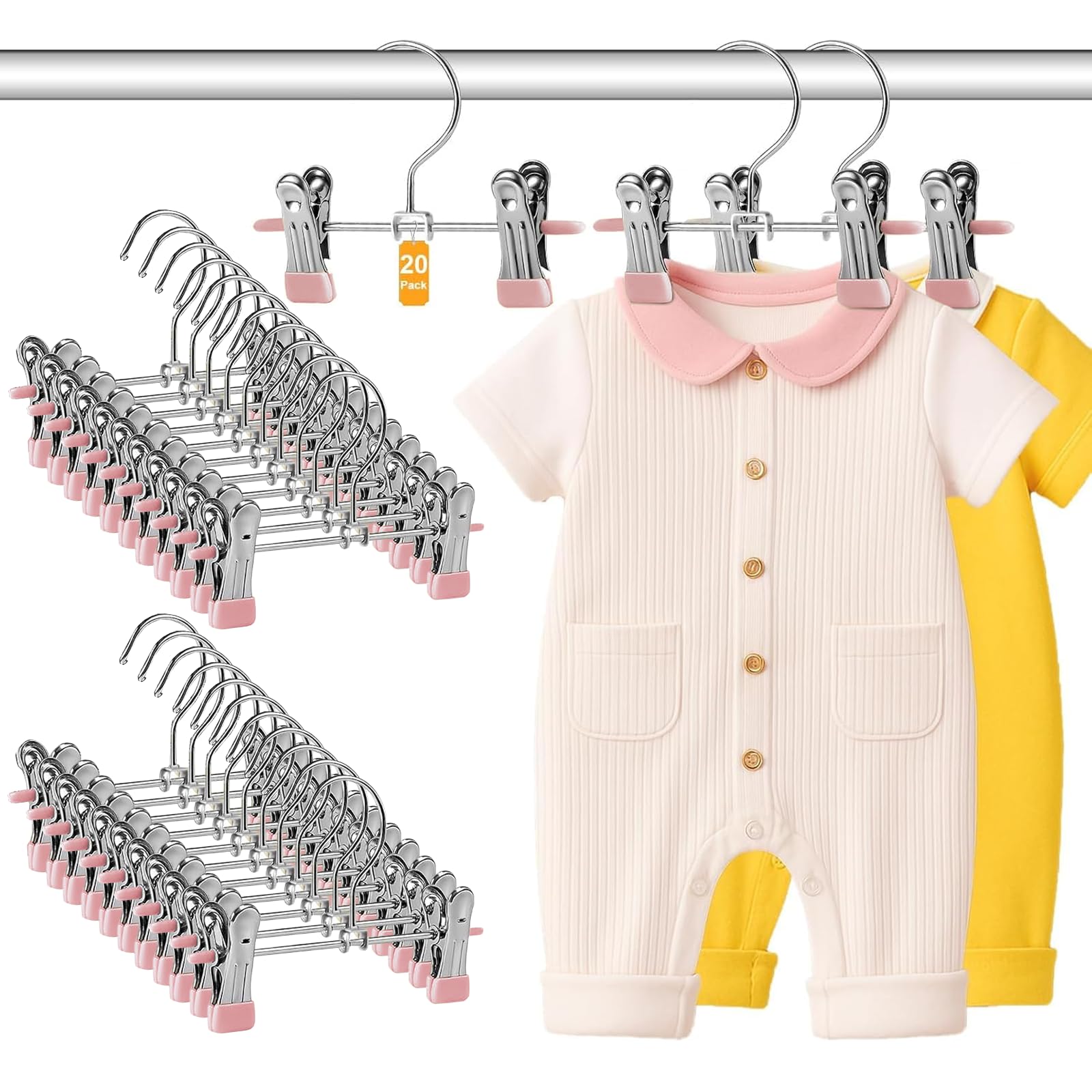 WJWSKI Kleiderbügel Kinder, Hosenbügel mit Anti-Rutsch Klammern 20 stück, Kleiderbügels Platzsparend für Kinderkleidung, 17 cm Metall Baby Kleiderbügels für Baby Hosen Socken Lätzchen (Rose, 20 Stück)