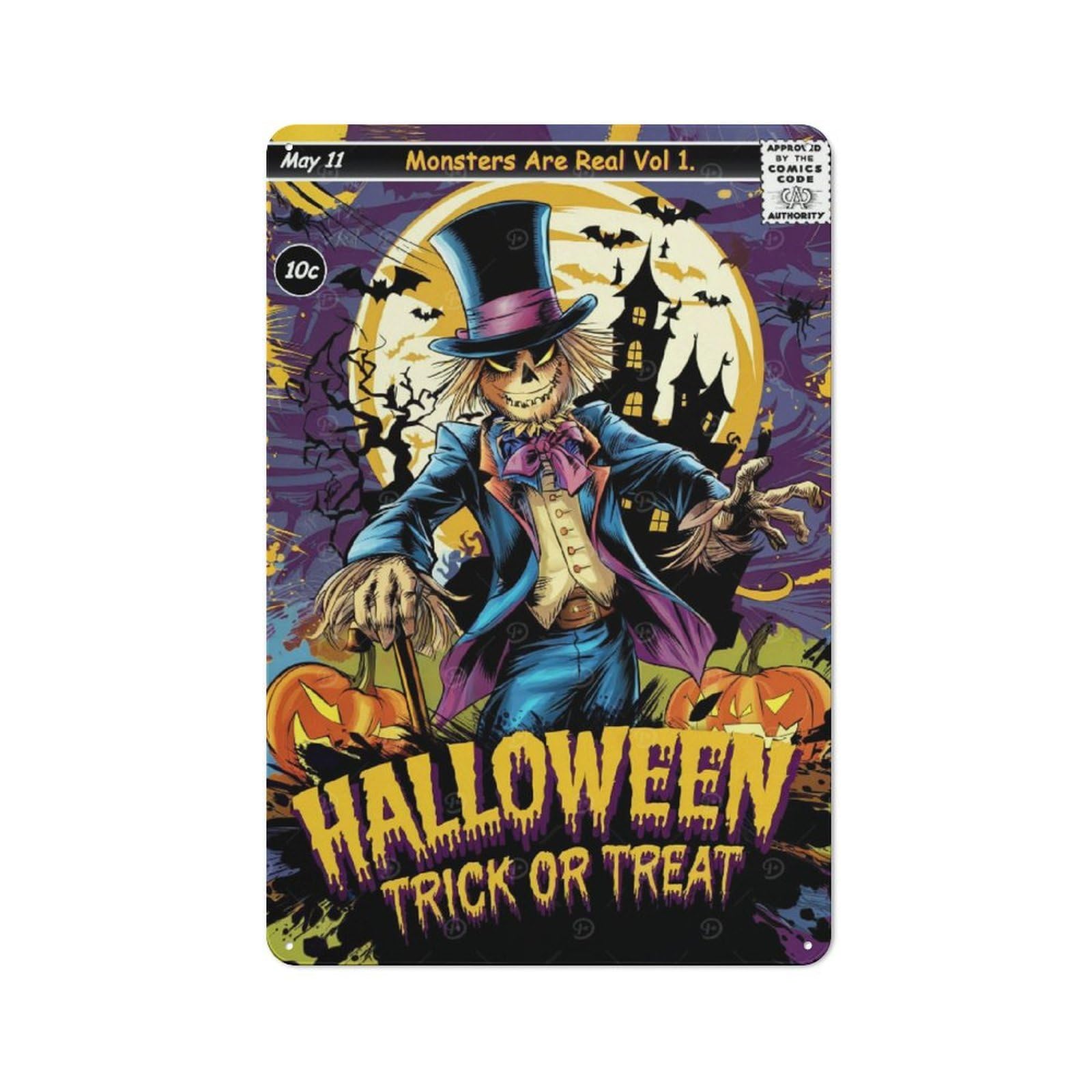 Halloween Scarecrow Comic Cover Retro-style Metal Sign 30x20cm for Guest Room Or Hallway, for Hallway Wall Decor Fans