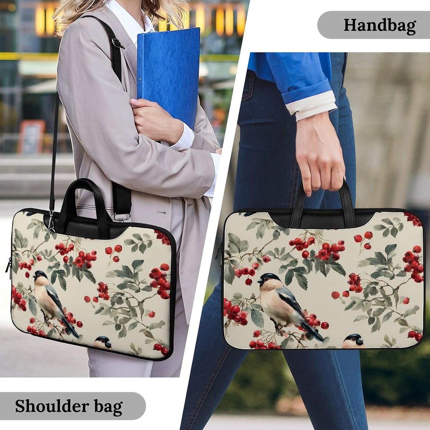 Bird Bullfinches Rowan Branches Leather Laptop Bag Handheld Slim Computer Bags Business Briefcase