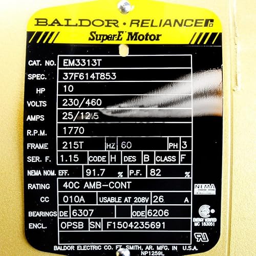 Miniatura 7 de Baldor EM3313T Motor de CA de uso general, 3 fases, marco 215T, carcasa OPSB, salida de 10Hp, 1770rpm, 60Hz, voltaje 230/460V