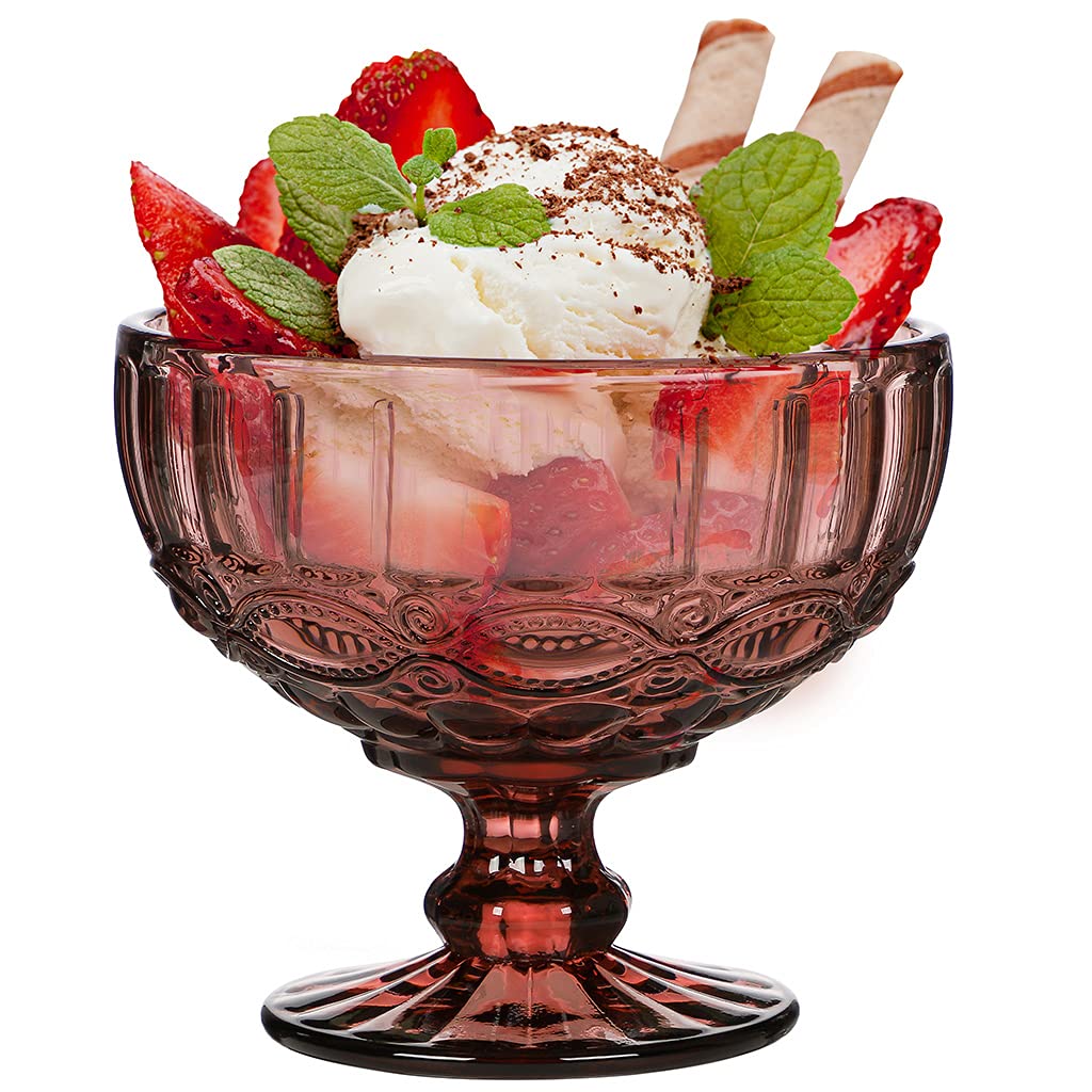 Dibor Glass Dessert Bowl Set of Embossed 300ml Footed Sundae Glass Dessert Cup Dishes (1, Pink)