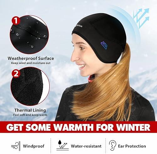 Miniatura 2 de Hikenture Gorro de calavera para casco con cola de caballo, gorro térmico de invierno para mujer, gorro de ciclismo para correr, gorro con agujeros