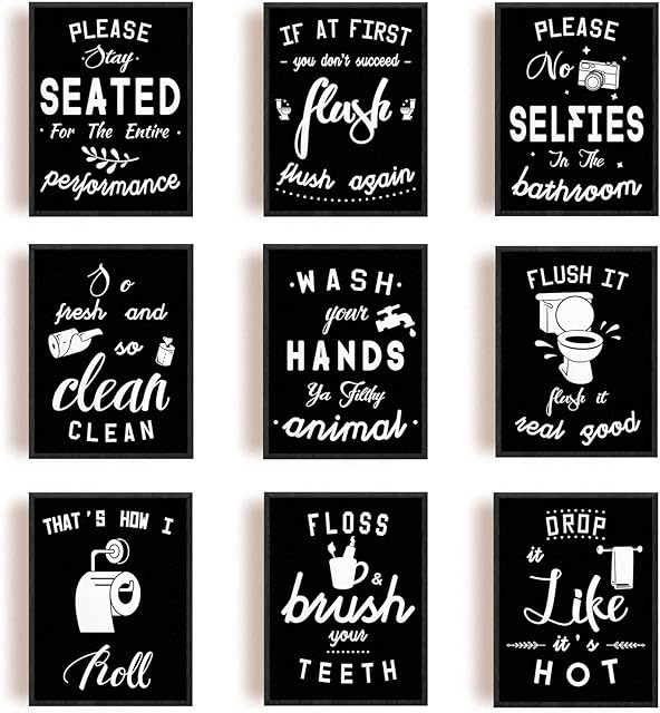 SUPERDANT 9 PCS Bathroom Theme Unframed Canvas Prints Black & White Bathroom Quotes Hint Painting Decorative Wall Art Pictures for Toilet Bathroom Wall Preppy Room Decor 25x20cm