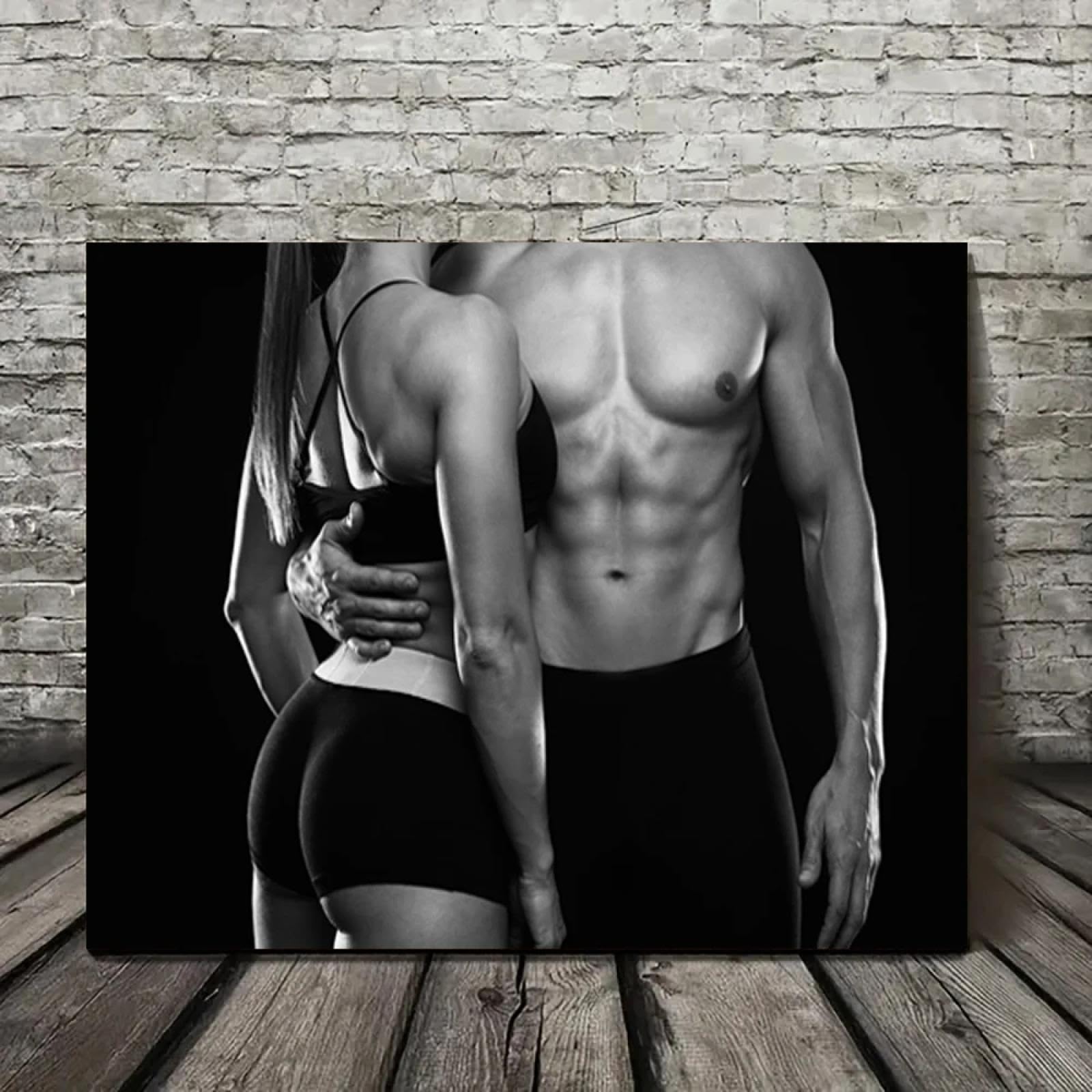 MAIMANG Póster motivacional en lienzo blanco y negro con diseño de hombres y mujeres musculosos y sexys, impresiones artísticas de pared para dormitorio, gimnasio, decoración, 80 x 120 cm x 2 marcos