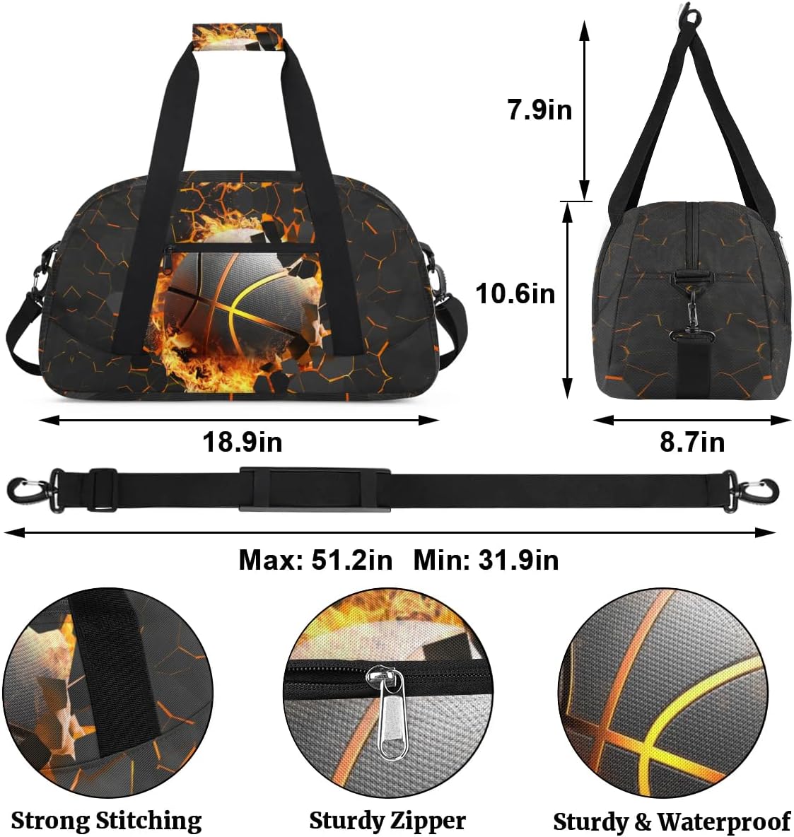 Burning Gold Basketball Kids Duffel Bag for Boys, Sport Ball Sports Gym Bag Overnight Travel Weekender Bag Lightweight Carry On Sleepovers Bag for School Practice Gymnastics