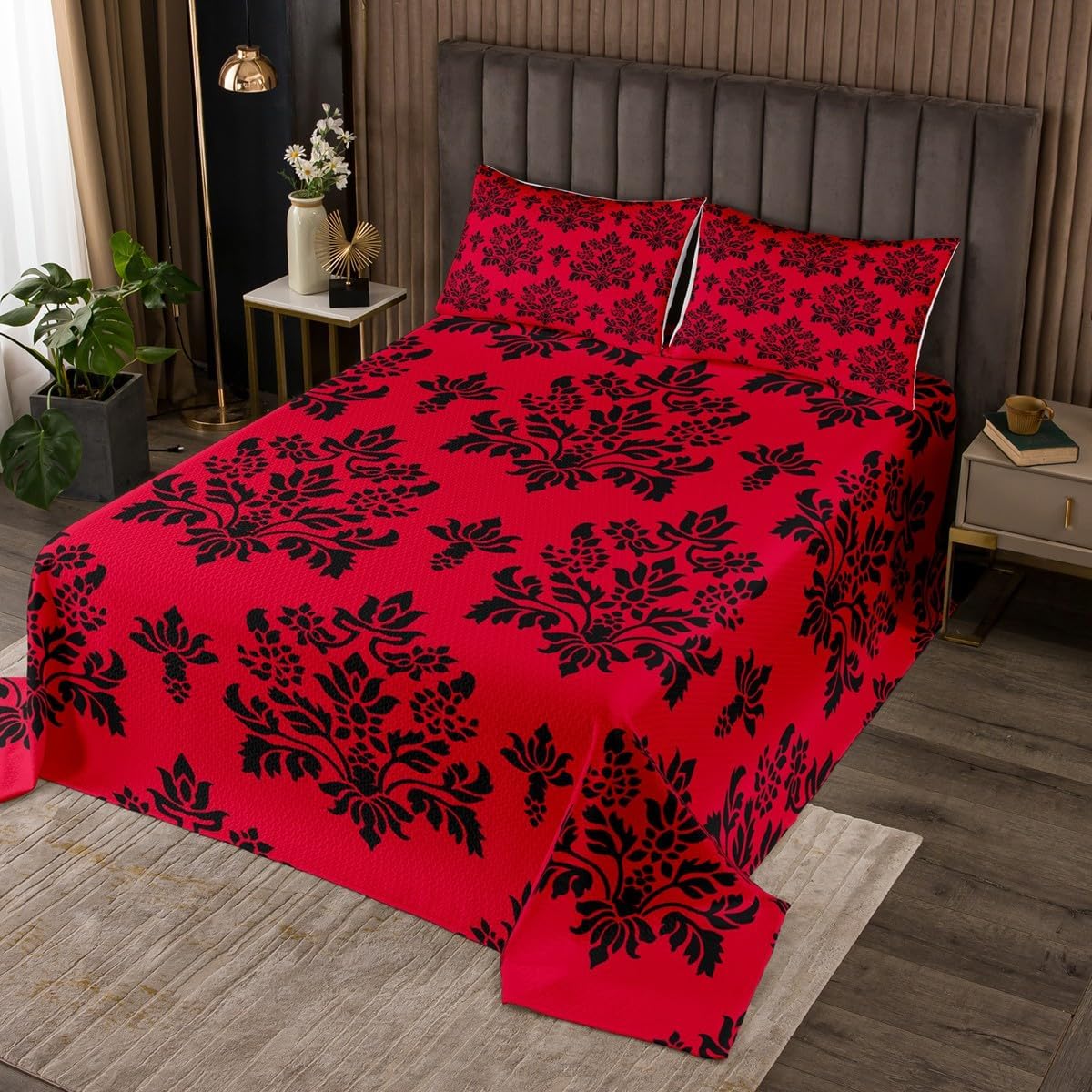 Erosebridal Red Black Damask Bedspread Set Queen Size,Boho Vintage Victorian Coverlet Set for Adults Women Men,Aesthetic Geometric Gothic Pattern,Bohemian Baroque Flower Floral Decor
