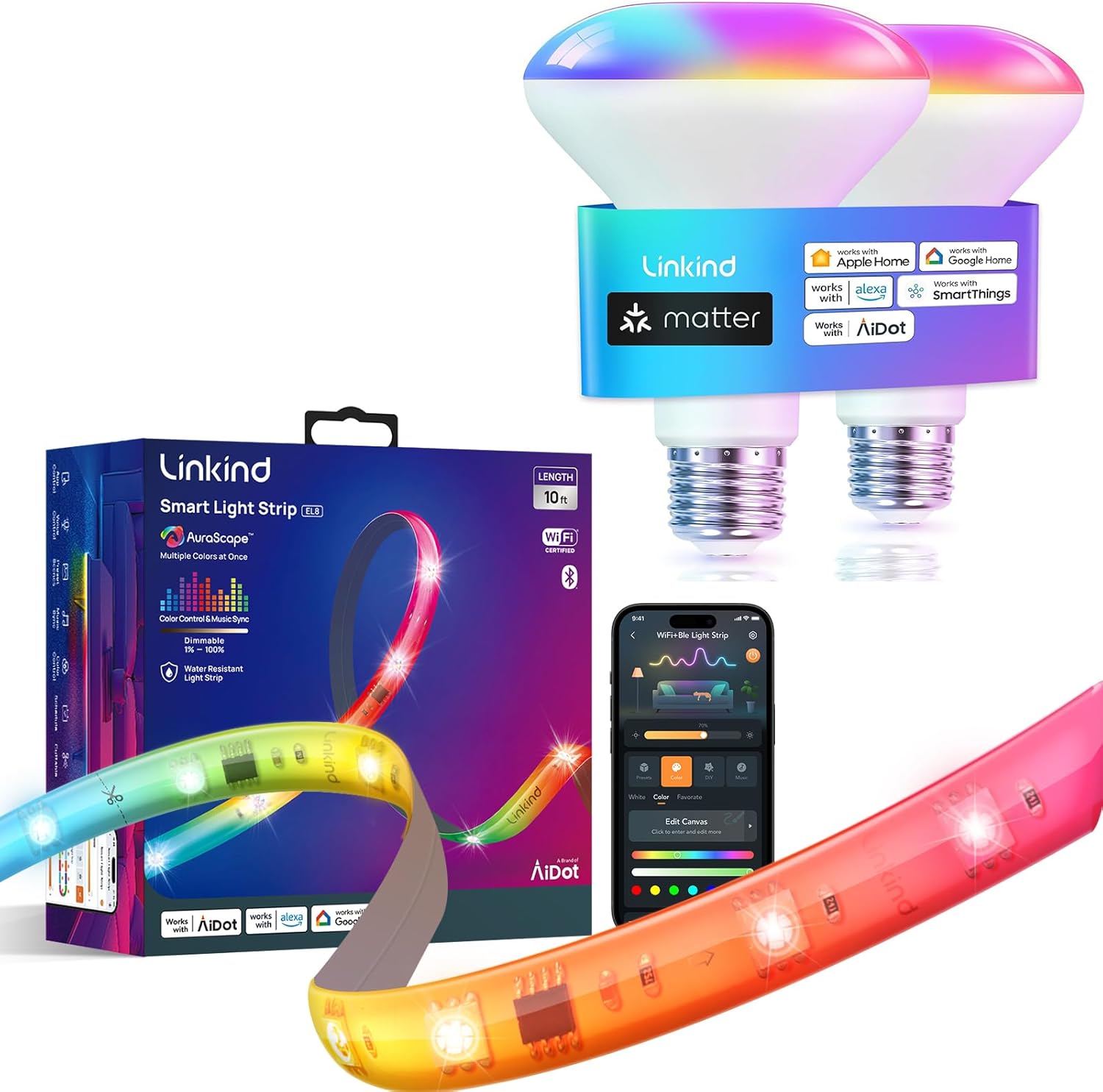 Matter Smart Light Bulb BR30 2 Pack and LED Strip Lights RGB 10ft Compatible with Alexa and Google Home