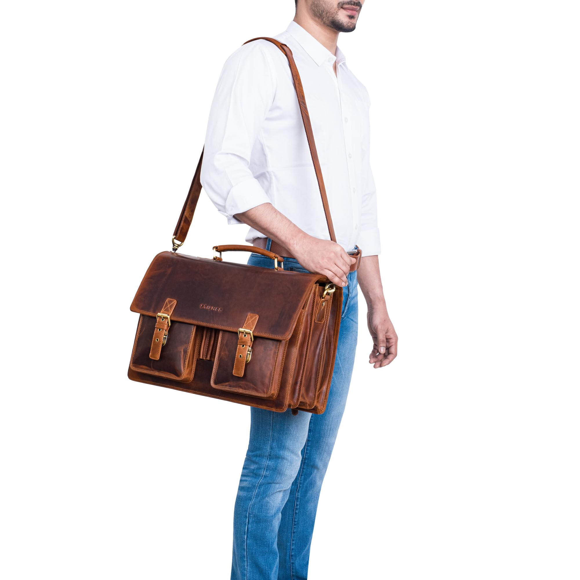STILORD 'Anton' Echtleder Aktentasche XL - 15.6" Laptopfach - aufsteckbar - Verbesserte Version Farbe:Sesto - Cognac