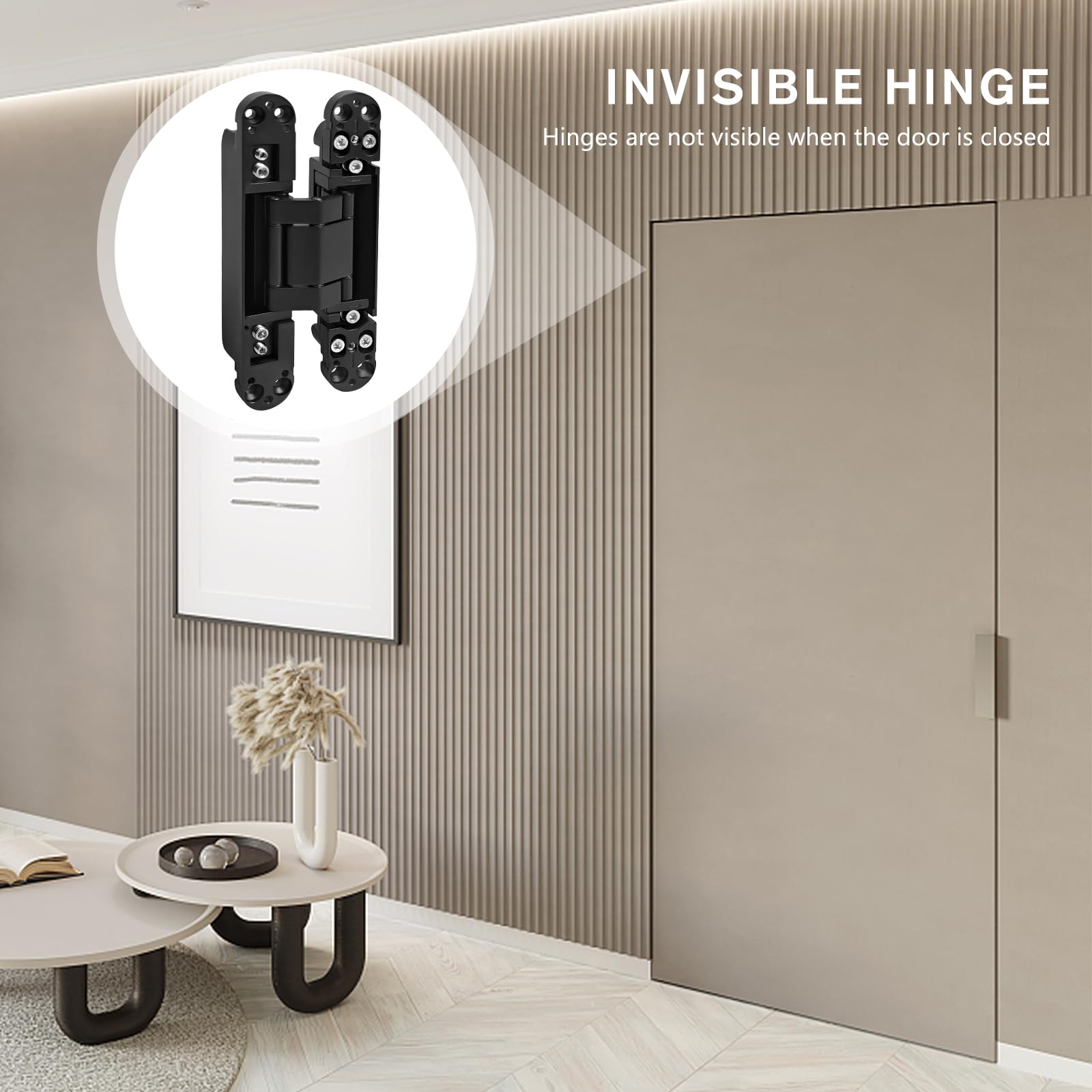 Bisagra de puerta oculta, bisagras de puerta invisibles de 6 pulgadas, bisagras invisibles ajustables 3D de 180 grados, capacidad de carga (negro, 6 x 2.5 x 1)