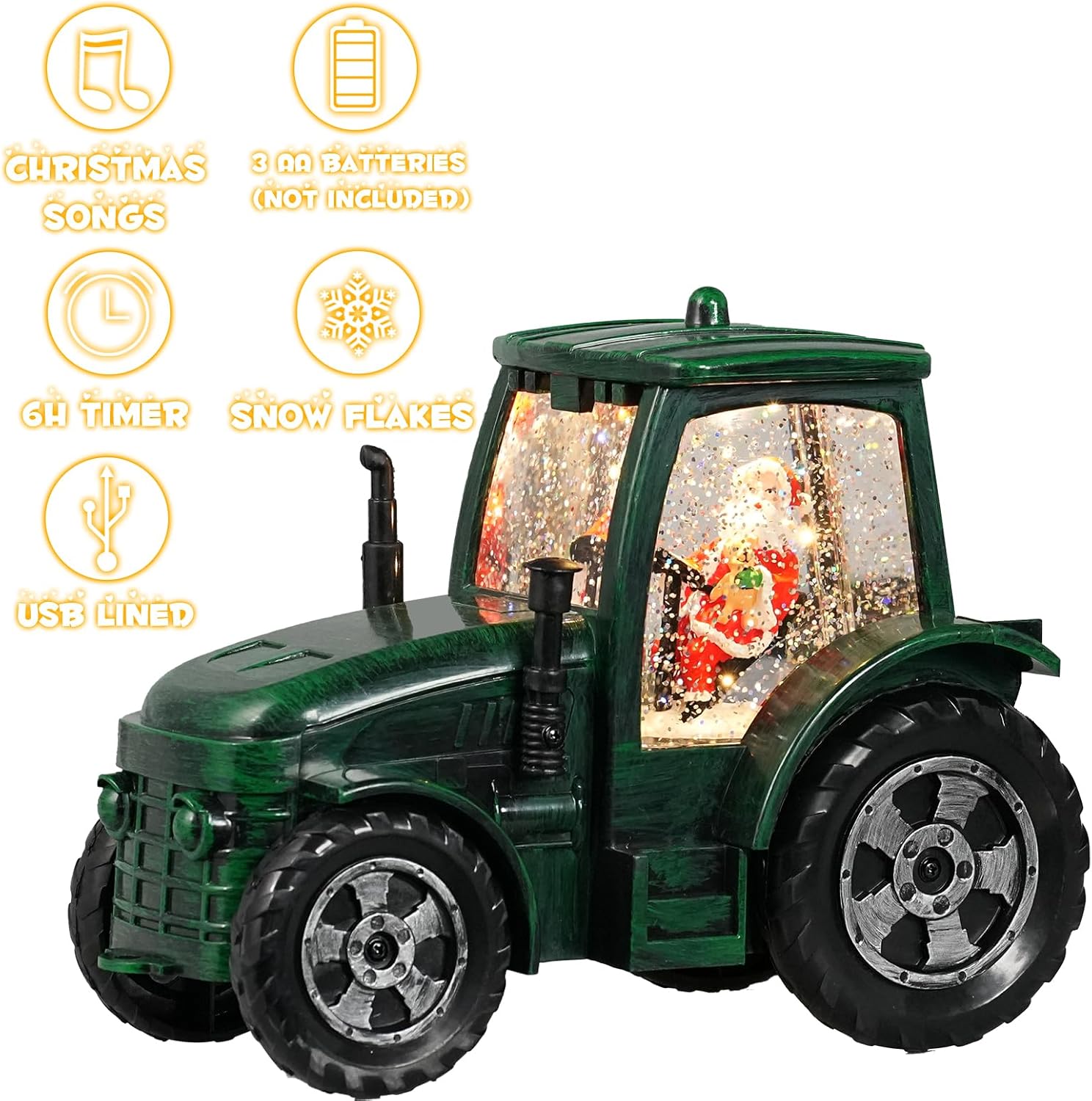 Christmas Snow Globe, Green Tractor Santa Snow Globe, 6H Timer, Battery & USB Powered Lighted Musical Lantern, Spinning and Swirling Glitter Christmas Decorations Gifts for Old Man, Father