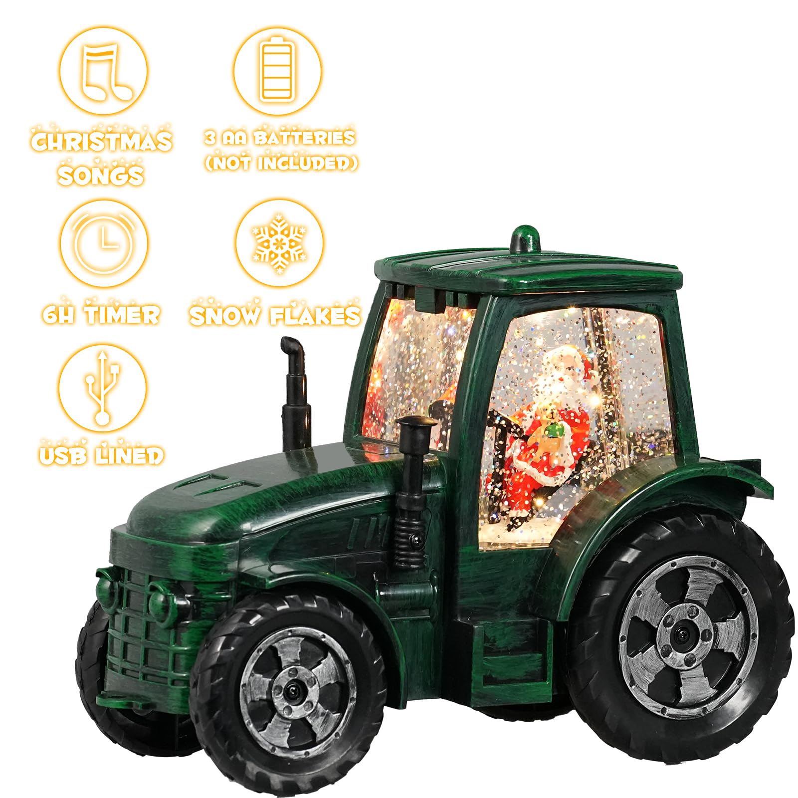 Boule à Neige de Noël, Tracteur Vert, minuterie 6h, Lanterne de Noël Musicale éclairée par Piles et USB, décoration de Noël à Paillettes, Cadeaux pour Vieil Homme, père