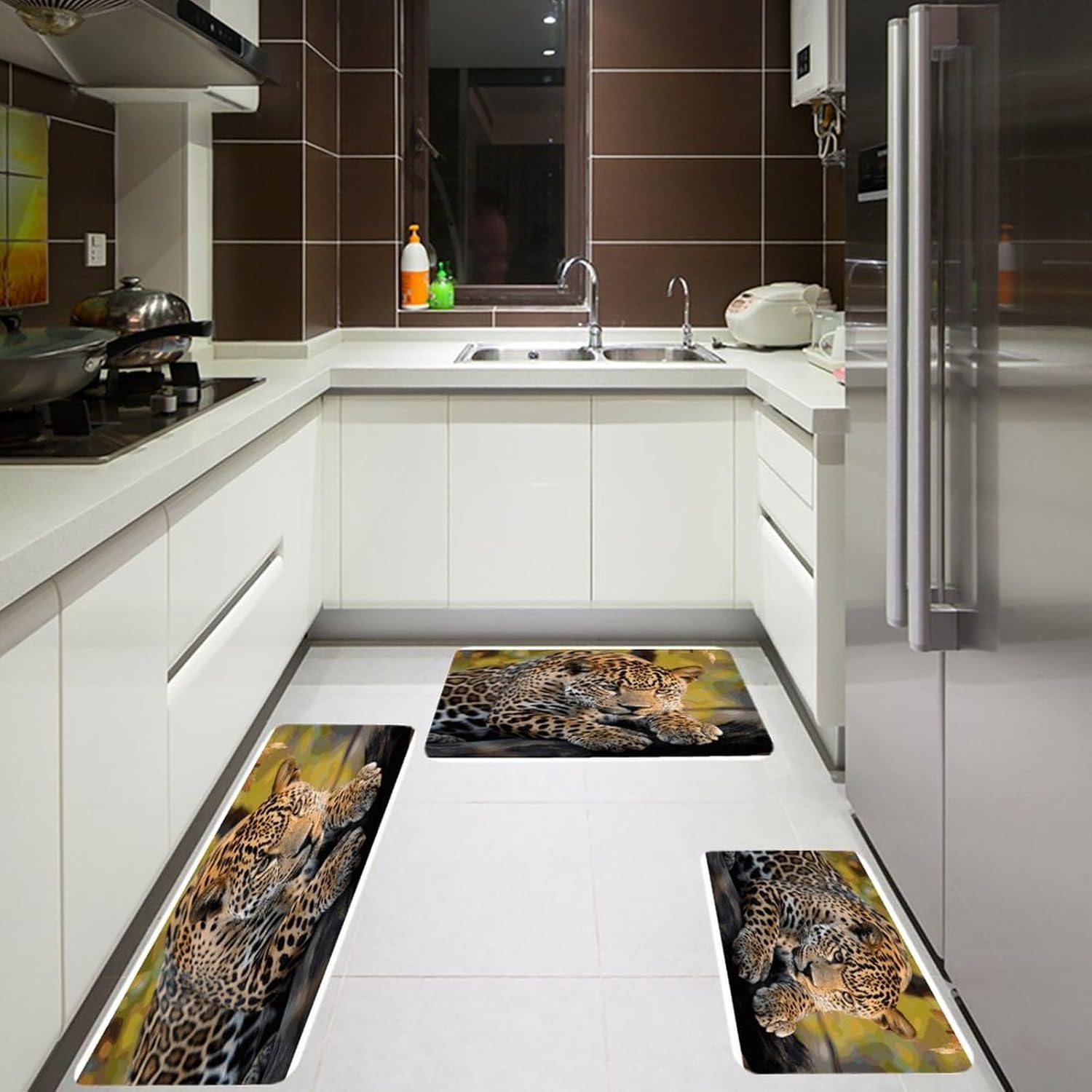 African Leopard Kitchen Mat Set of 3 Waterproof Floor Mats Non-Slip Kitchen Rugs Premium Flannel Rug Heavy Duty Standing Mat for Kitchen Home Bathroom Laundry