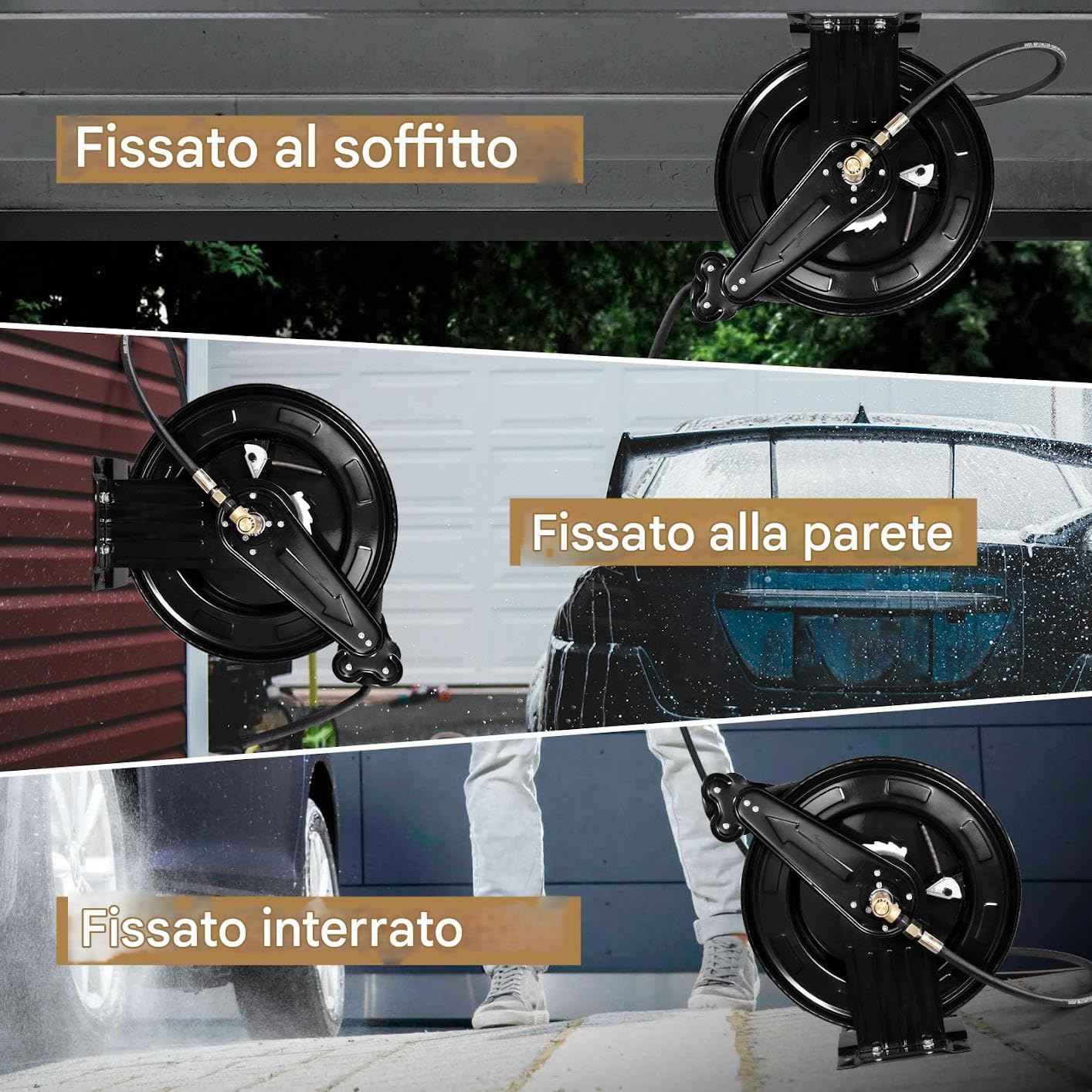 Avvolgitubo retrattile per idropulitrice, doppio braccio, riavvolgimento automatico, 15 m x 1,5 cm per acqua/aria/olio, 4000 PSI, robusto avvolgitubo professionale in acciaio per idropulitrice