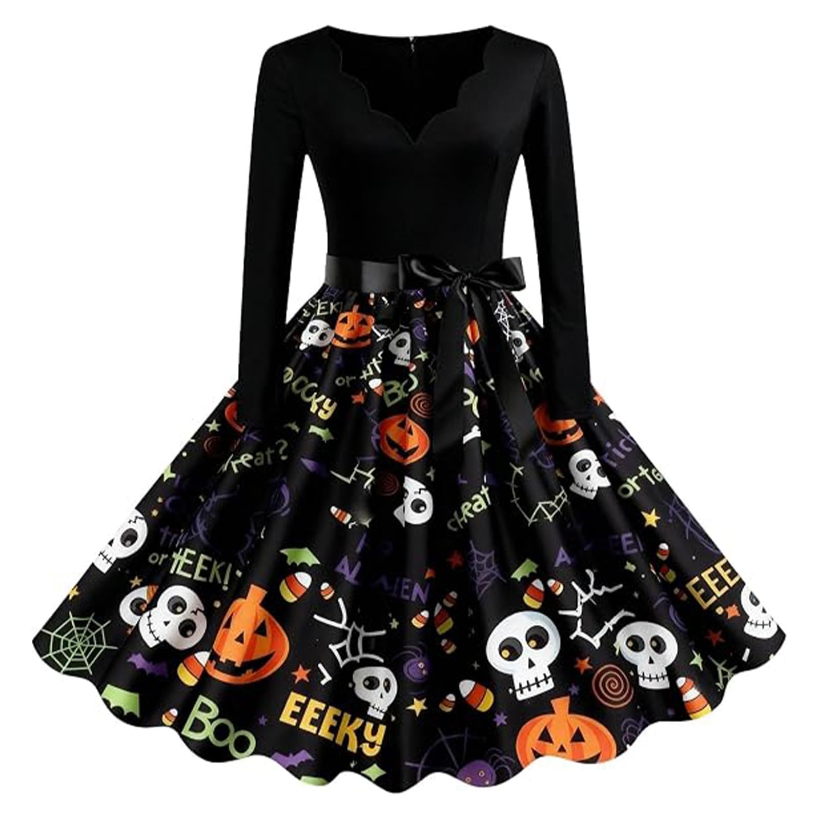 Halloween Costumes Adult Women Retro Pumpkin Skeleton Print V-Neck Long Sleeve A Line Swing Ladies Dress Women's Fashion Black Vintage Skull Witch Rockabilly Party Cocktail Novelty Maxi Dresses