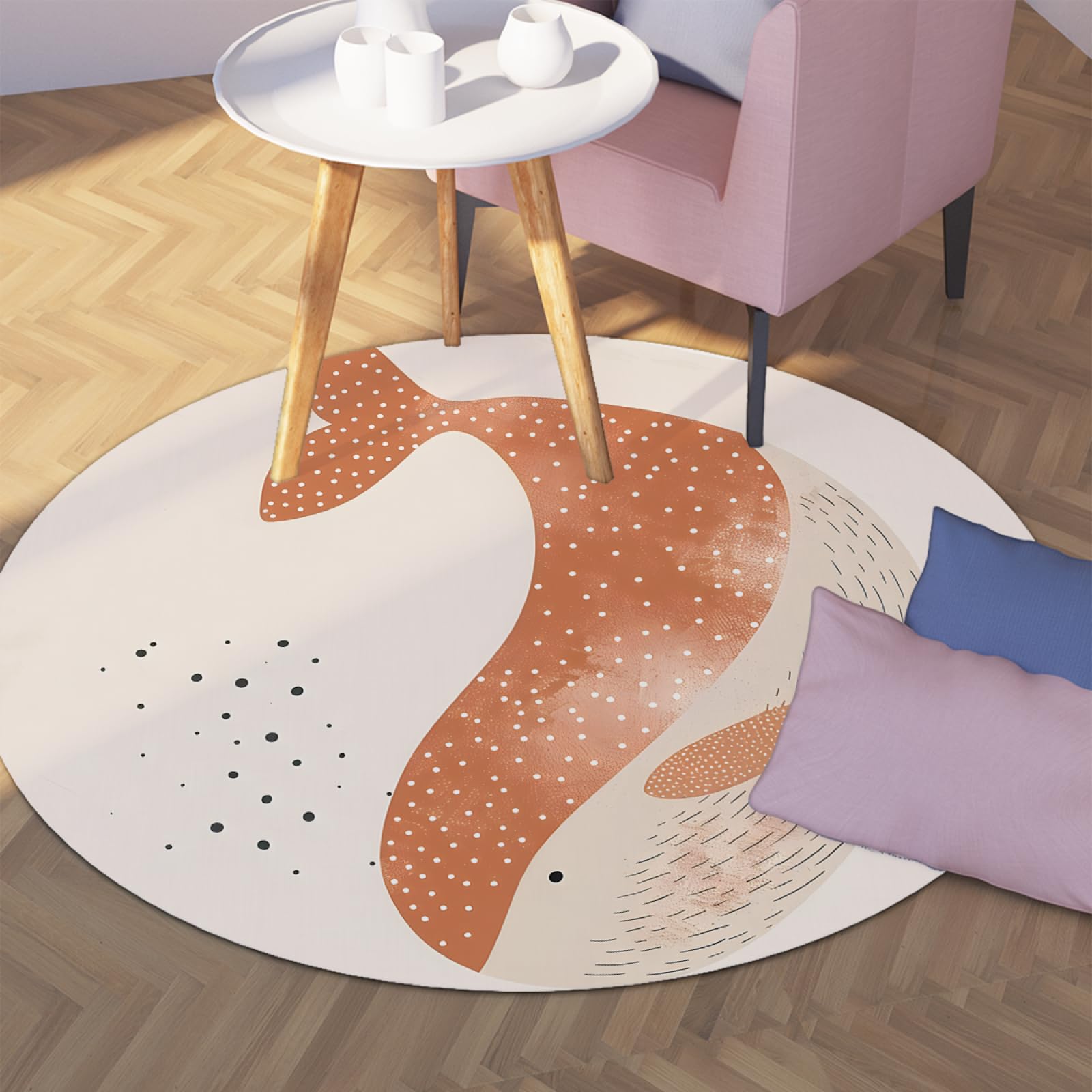 Tapis Ronds de Style Dessin animé 100cm Vie Marine Mignon Motif Baleine Lavable antidérapant Pliable Mince Cercle Tapis pour canapé Salle à Manger