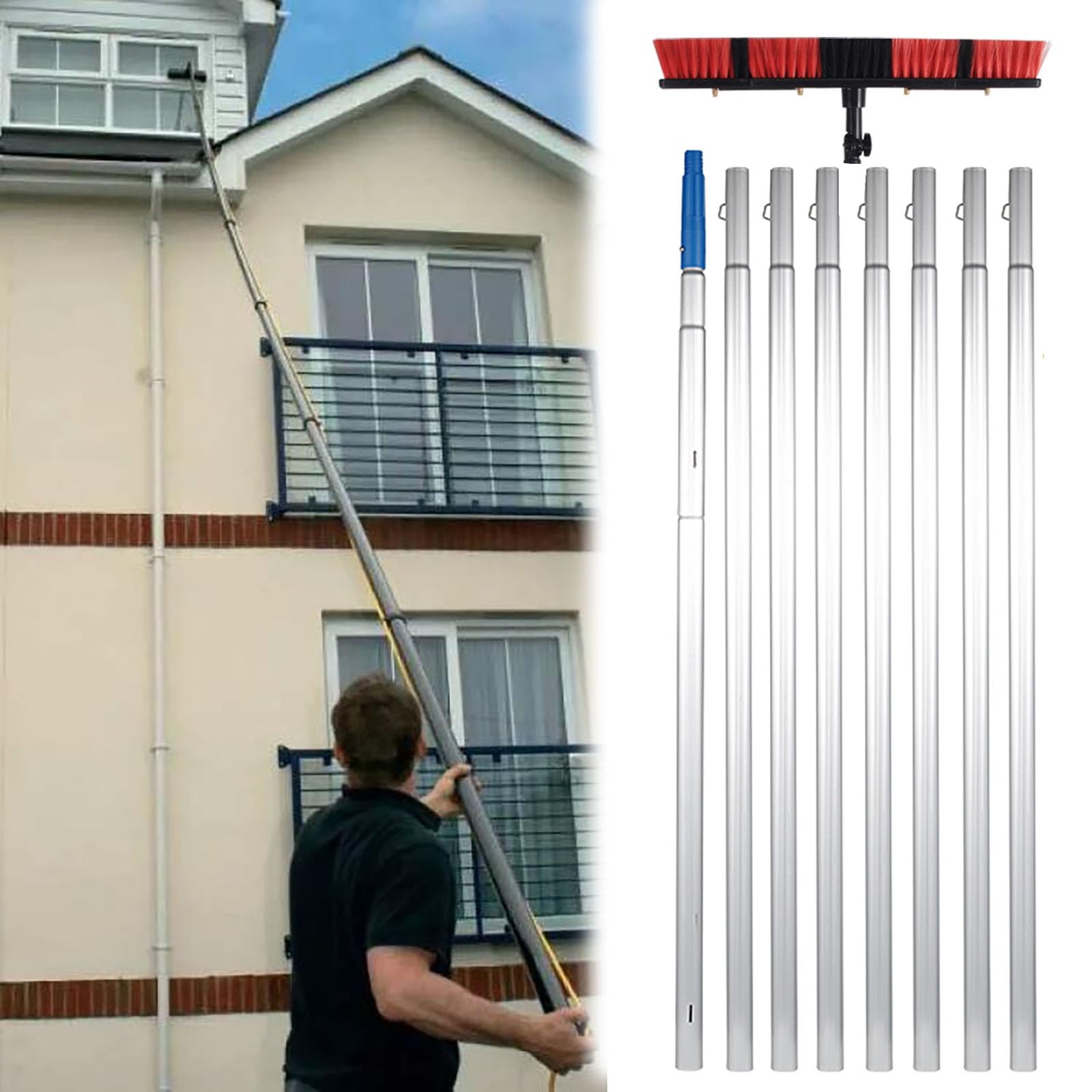 Kit di spazzole e pali per la pulizia del pannello solare da 10,5 m per il lavaggio del soffitto del veicolo e del portico del sistema di pulizia del pannello fotovoltaico Opzioni 26/29/11,9 m.