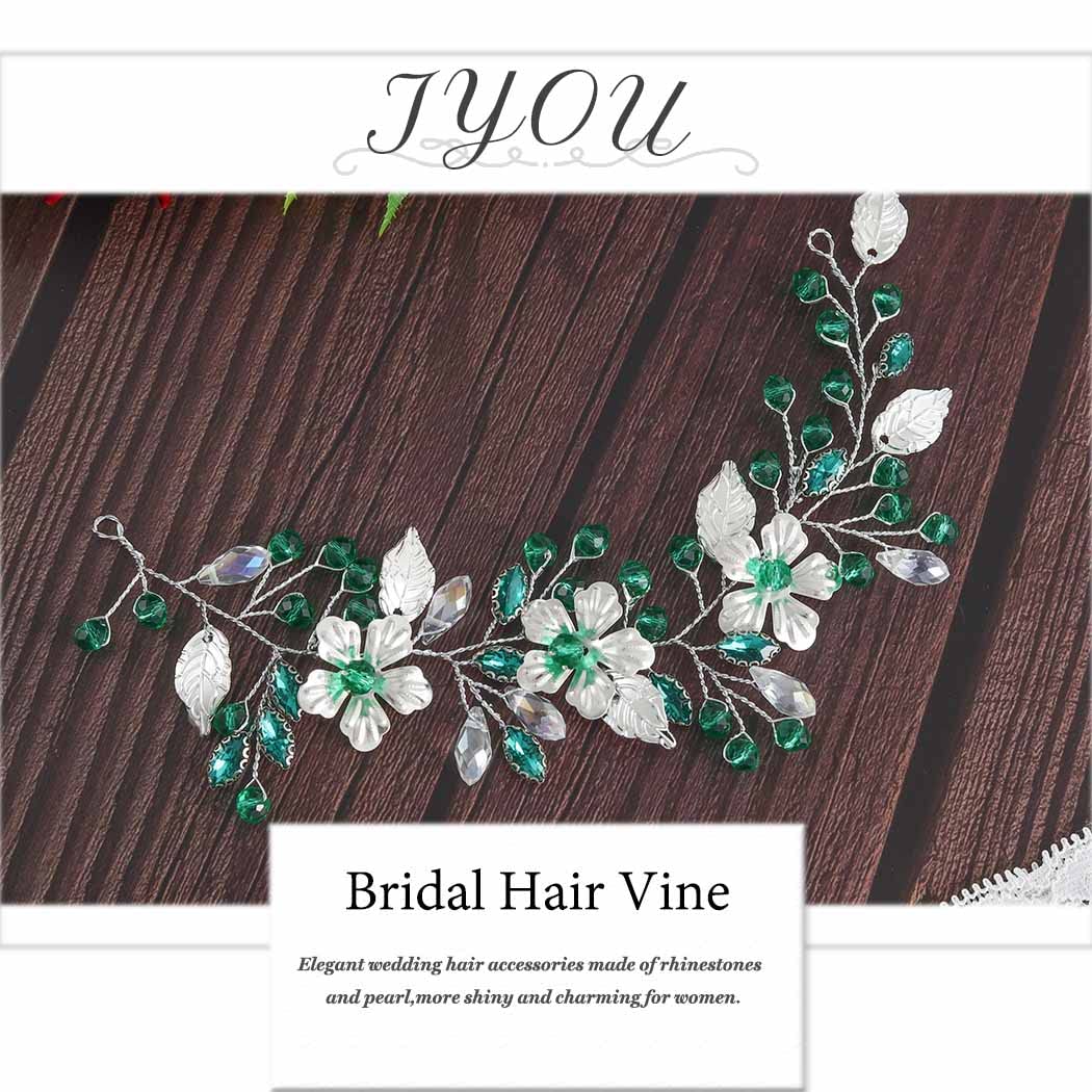 IYOU Rhinestone Bridal Hair Vine Green Flower Wedding Headband Party Bridesmaid Hair Accessories for Women - Image 2