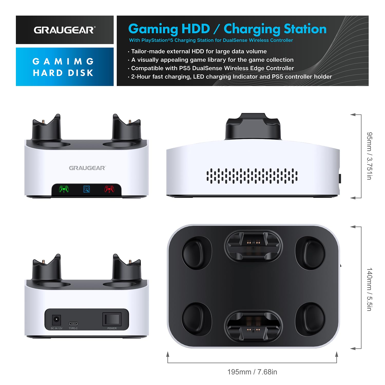 GRAUGEAR Disco rigido esterno da 4TB con base di ricarica per PS5 e PS5 Slim dual controller, USB-C, formattato per PS5 e PS5 Slim