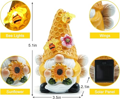 Miniatura 2 de Esculturas de gnomos de jardín para exteriores y decoración del hogar con luces solares de abeja, estatuas de jardín, regalos de girasol para