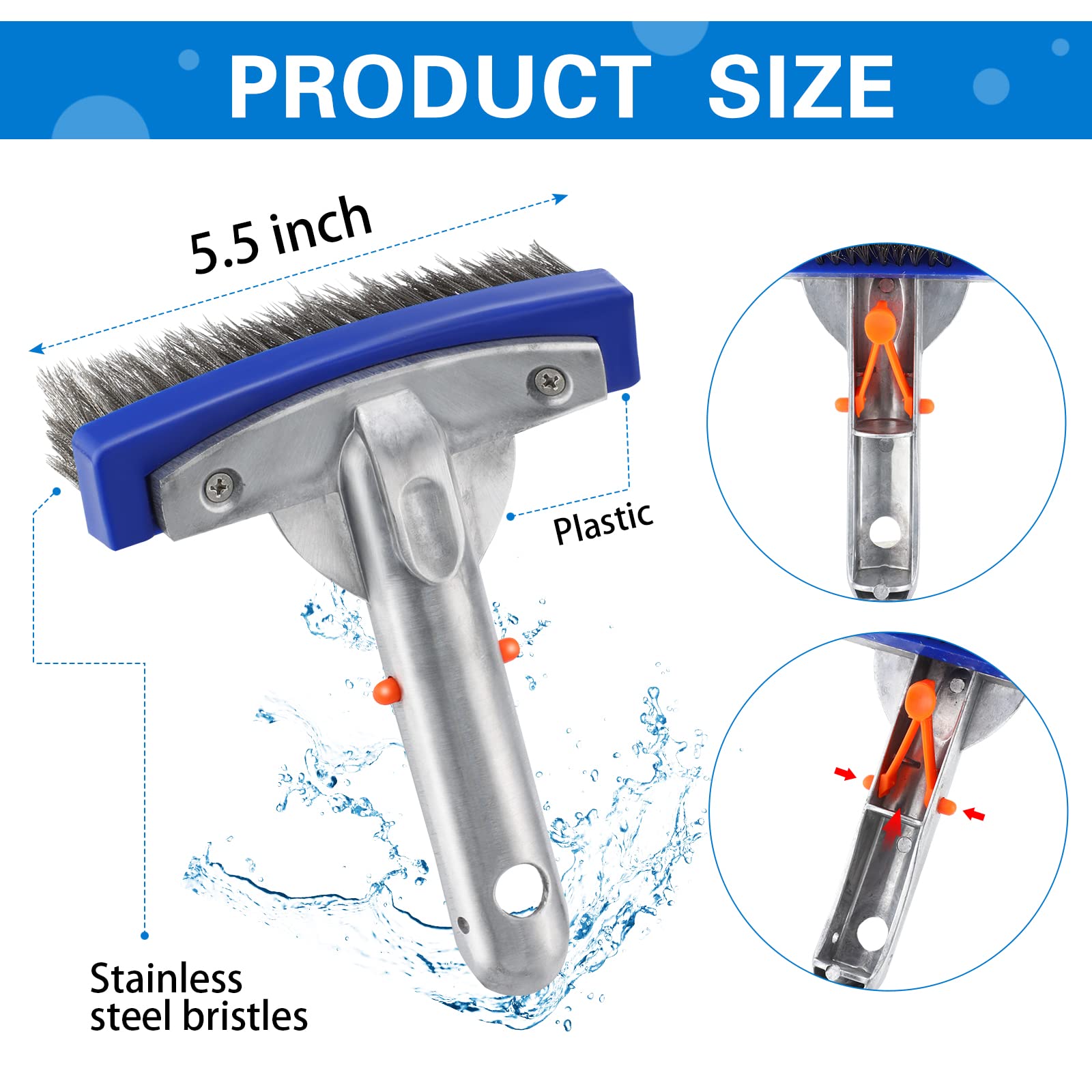 Gejoy Lot de 3 brosses de piscine de 14 cm en acier inoxydable très résistantes avec poignée en aluminium et poils en acier inoxydable pour nettoyer la piscine et s'adapter à la plupart des poteaux
