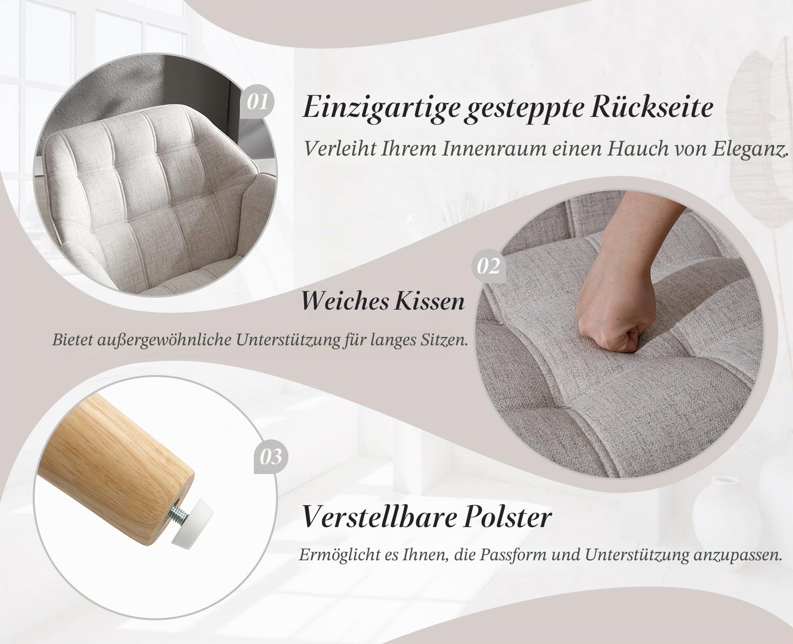 Ya-Home Akzentstuhl Sessel 2er Set, Gepolsterter Armlehnstuhl Lesestuhl mit Holzbeinen aus Leinen, Lesestuhl Einzelsofa Fernsehsessel für Wohnzimmer Schlafzimmer Lounges, Beige