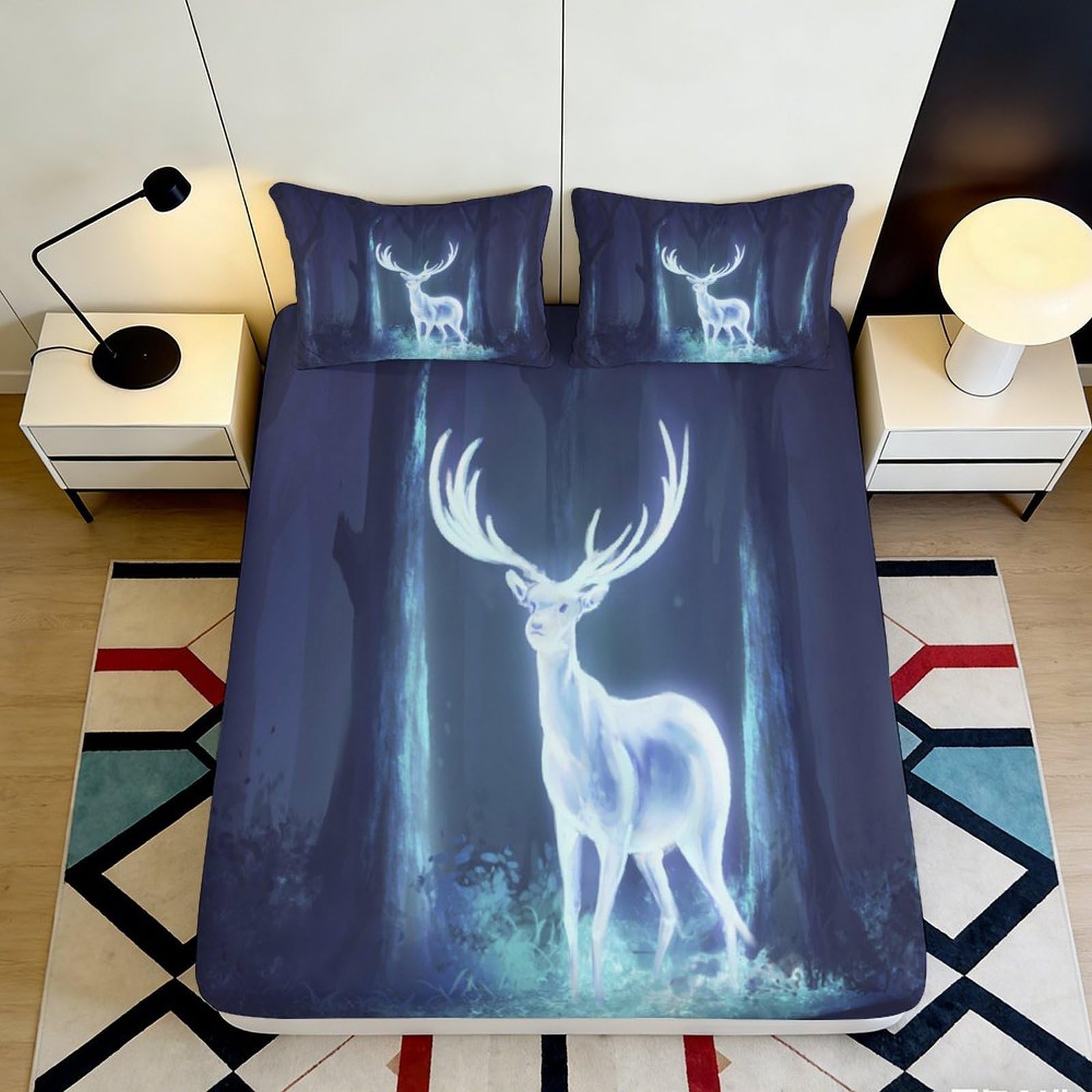 3D Printed Luminous Deer Forest Fitted Sheet Microfiber Soft Breathable Bed Sheet for Bedroom Dorm Mattress Cover 90x200x25cm
