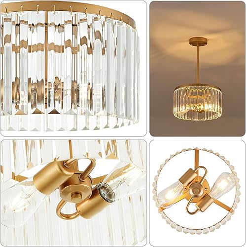 Miniatura 3 de lighceac Lámpara de techo de cristal semiempotrada dorada de 12 pulgadas para cocina, moderna, industrial, 2 luces, pequeños candelabros de