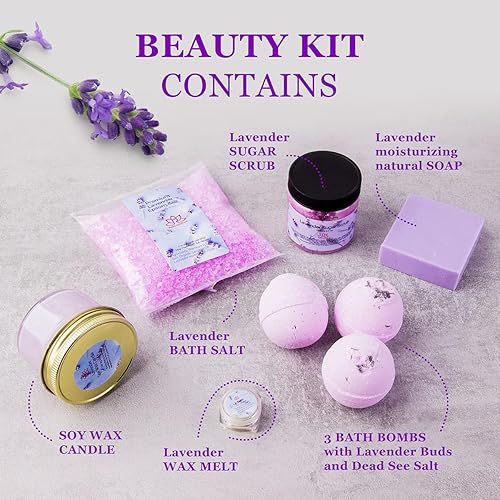 Miniatura 5 de Cestas de regalo de spa hechas en Estados Unidos para mujer, lavanda orgánica, baño y cuerpo en casa, kit de spa, vela de cera de soja, sal de baño