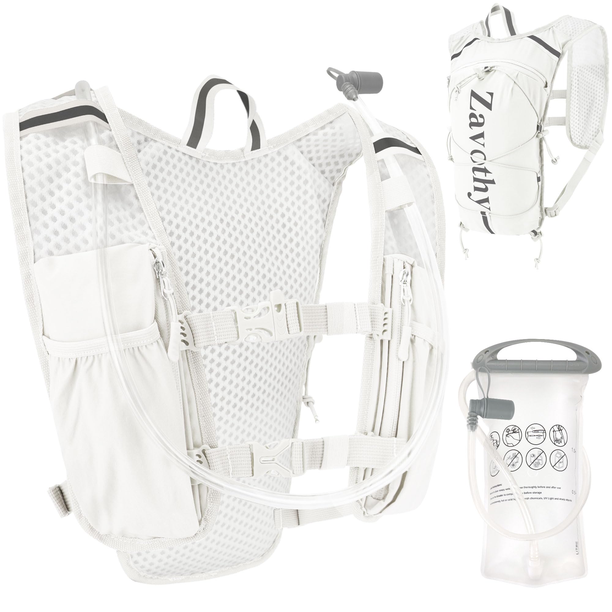Zavothy Zaino idrico con sacca d'acqua da 1,5 l, zaino leggero da donna, con copertura antipioggia, per corsa, escursionismo, ciclismo, festival, riflettente, non rimbalza