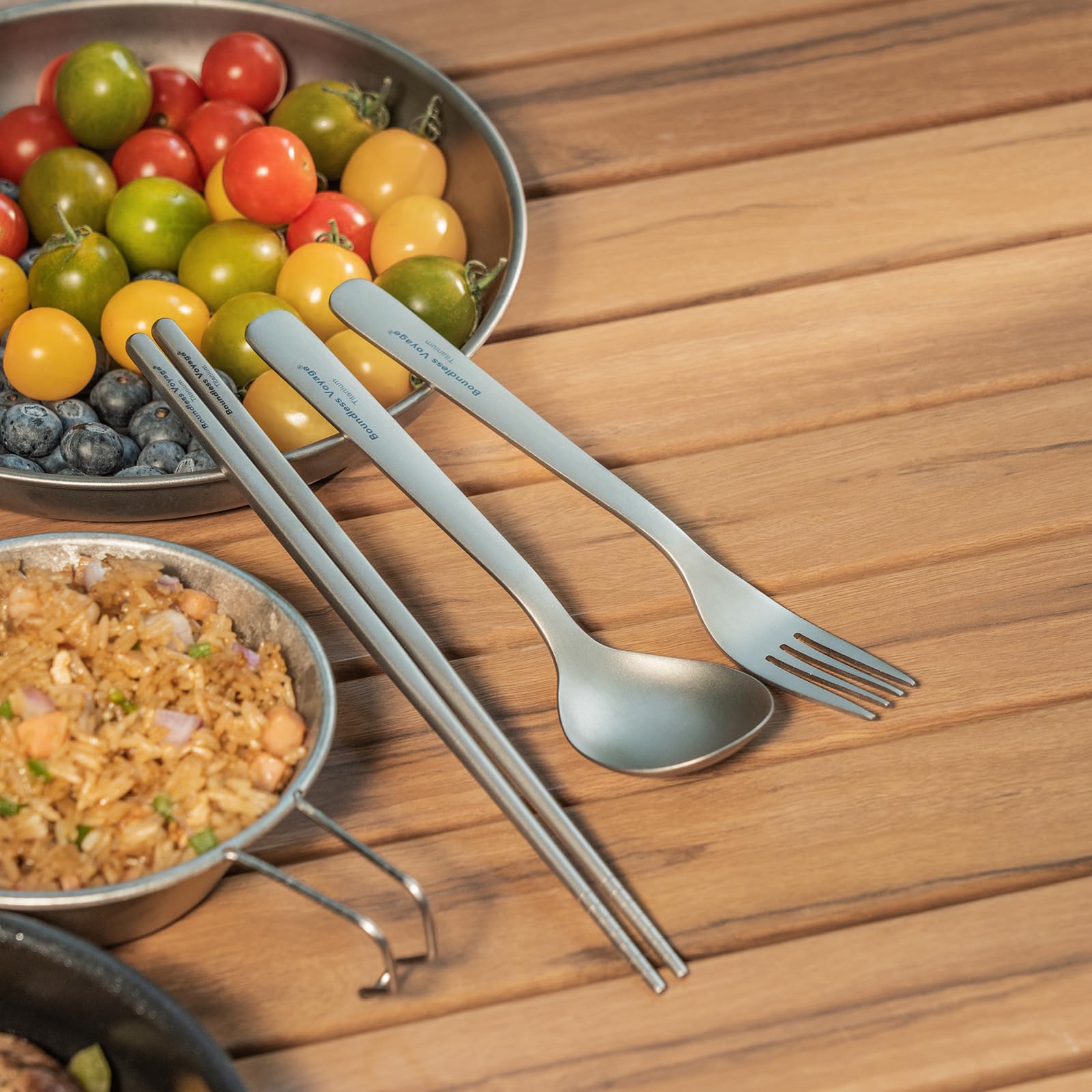 iBasingo Titanium Utensils Set Long Handle Spoon Fork Square Chopsticks Ultralight Outdoor Camping Cutlery for Soup Portable Tableware Reusable Travel Flatware Ti1071T - Image 3