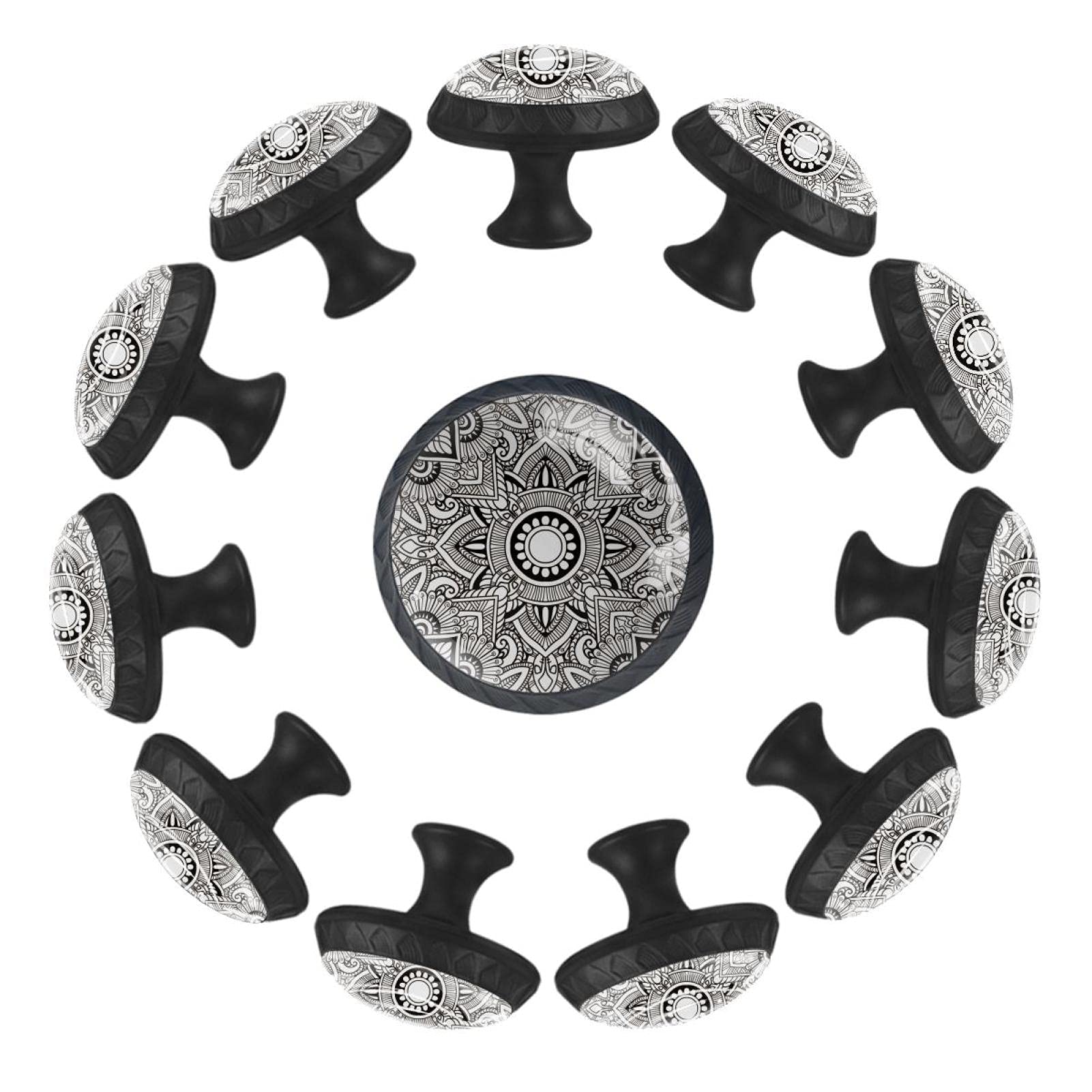 Boutons de tiroir en verre de 35 mm au design mandala noir et blanc d'exception