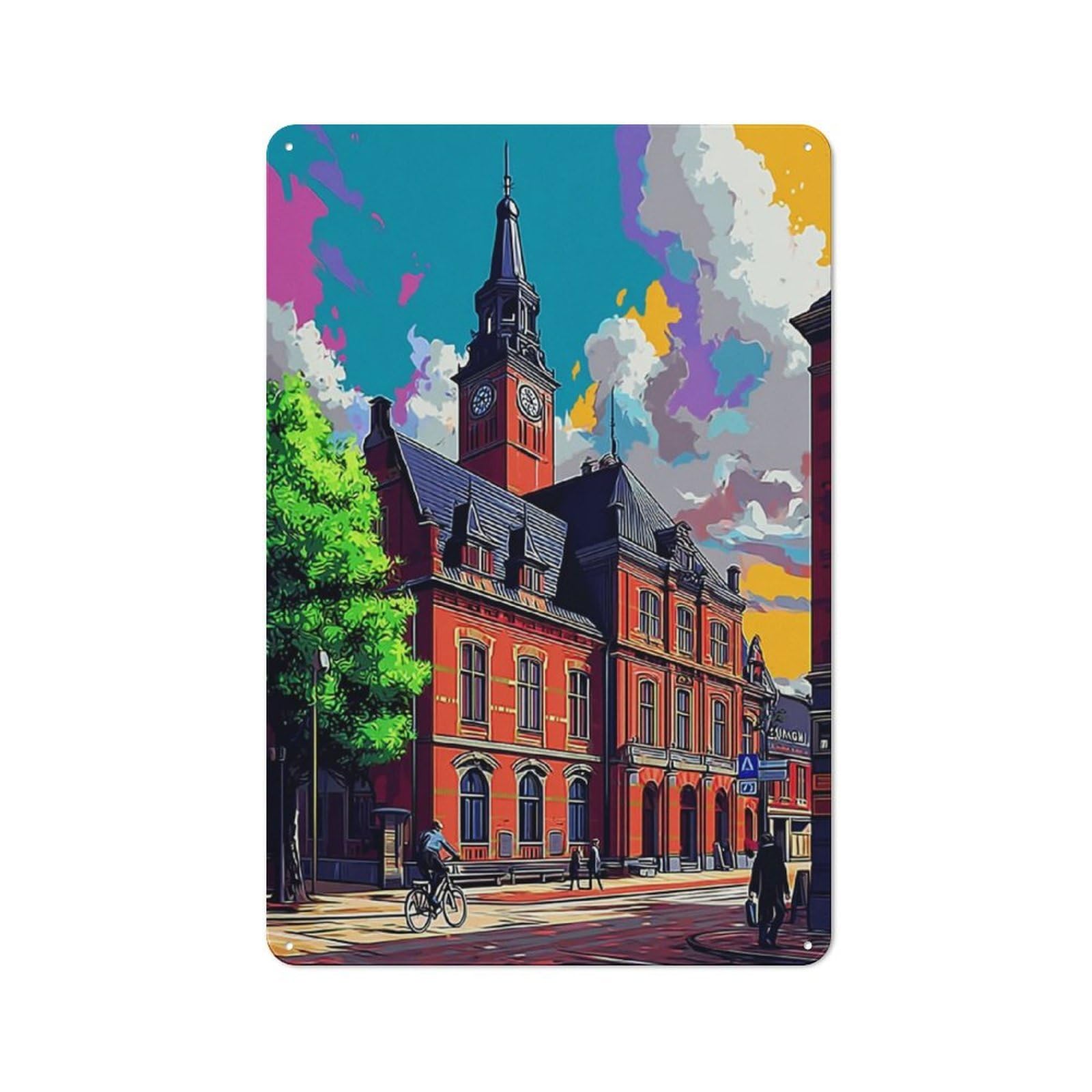 Junmoney Colorful Cityscape With Historical Building - 1 Decorative Tin Plaque 30X20cm, Vintage Bar Wall Plaque For Bar, Kitchen, Garage Or Games Room