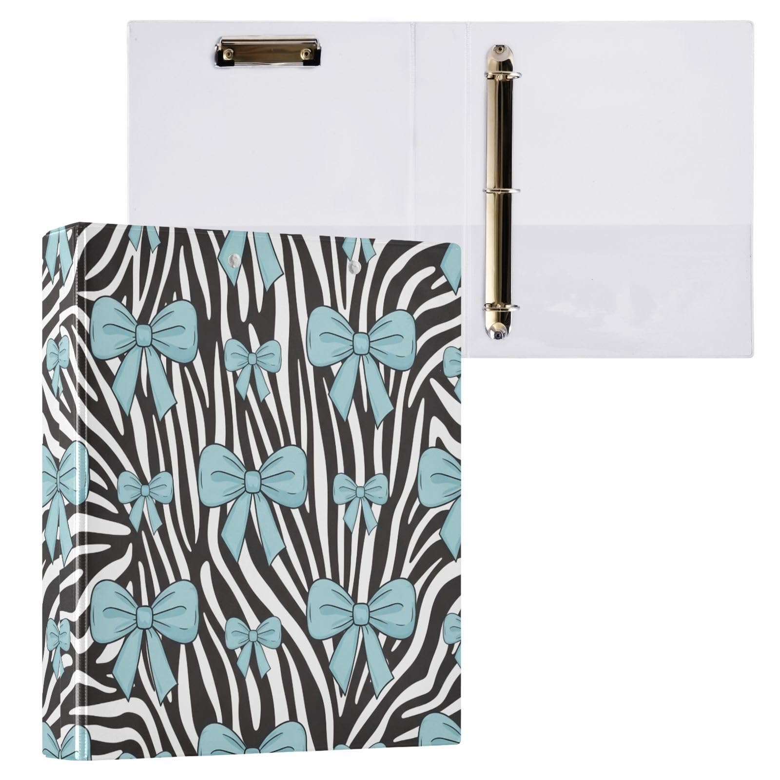 Raccoglitori a 3 anelli, 3,8 cm, con fiocchi azzurri, motivo zebrato, decorativo, rotondo, con clip in metallo, formato A4, organizer per casa e ufficio, confezione da 2