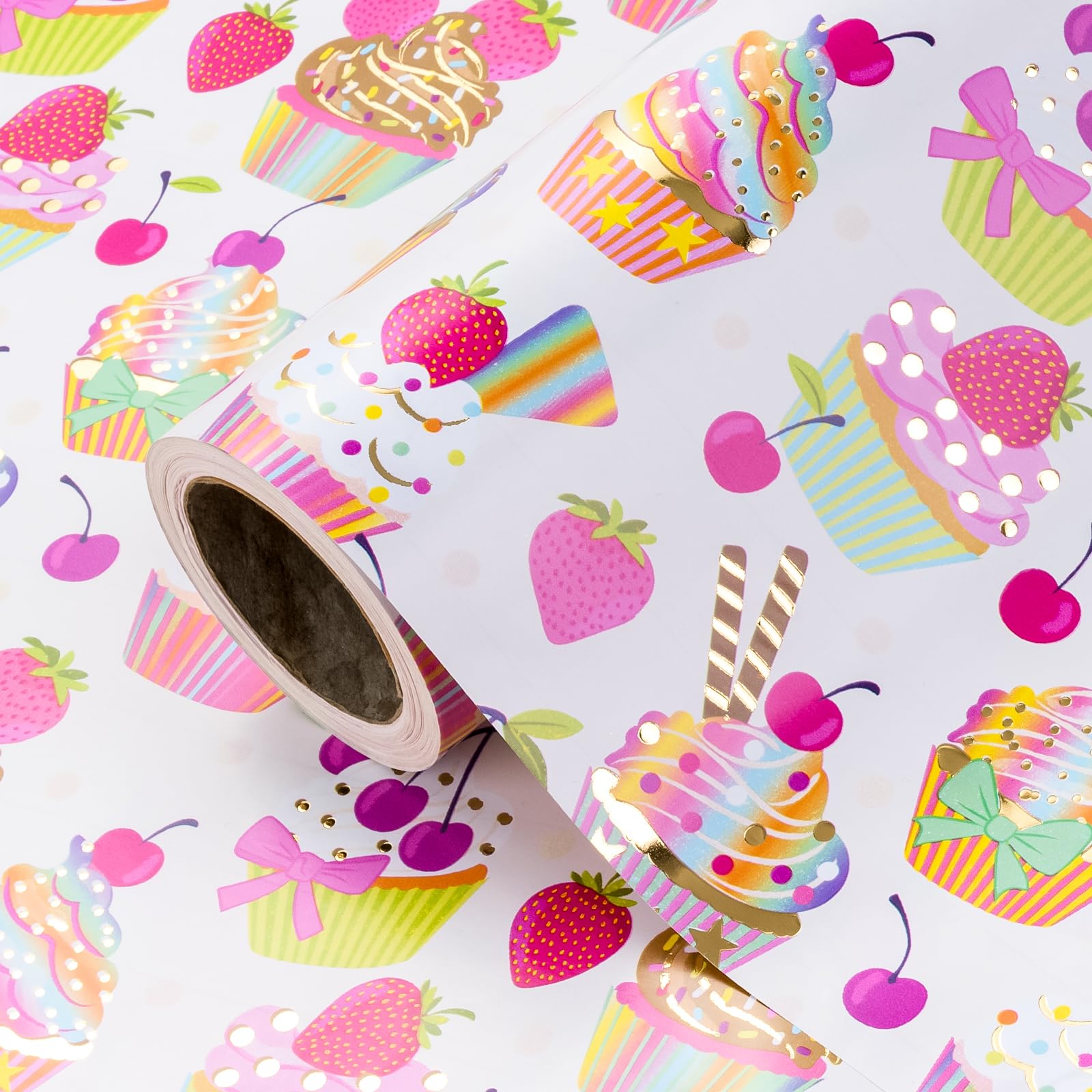 RUSPEPA Foil Wrapping Paper - Mini Roll - 43.2cm x 5m - Gold Foil Cupcakes Birthday Wrapping Paper for Kids Girls, Baby Showers, Weddings